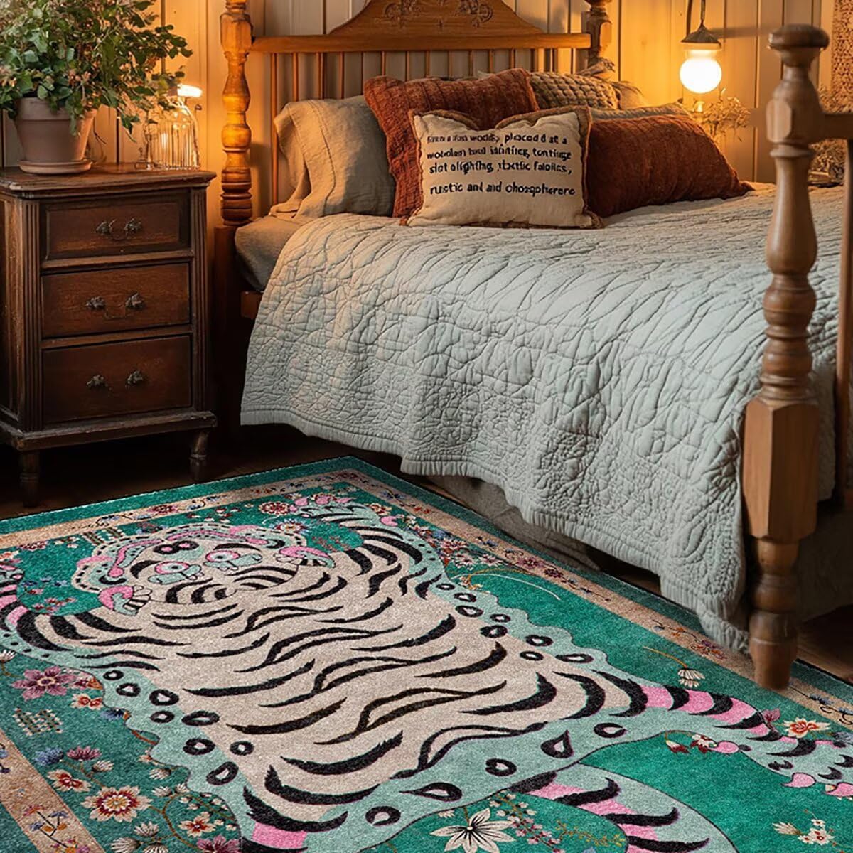 Tibetan Tiger Rug for Entryway Boho Green Tiger Area Rug Washable Leopard Print Rug for Bedroom Kitchen Non Slip Low Pile Animal Floor Mat (Green, 120x160 CM)