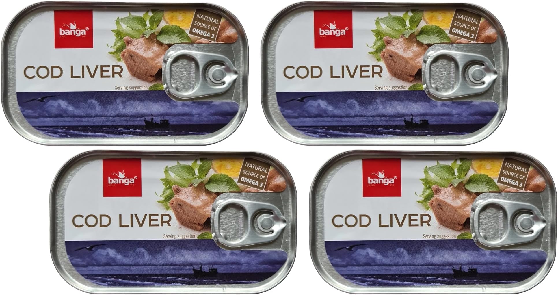 Banga Canned Food | Fish Cod Liver | Easy Open Pull Ring | Ready Meals | Latvian Origin Delicious food (Cod Liver 121g, 4 Pack)
