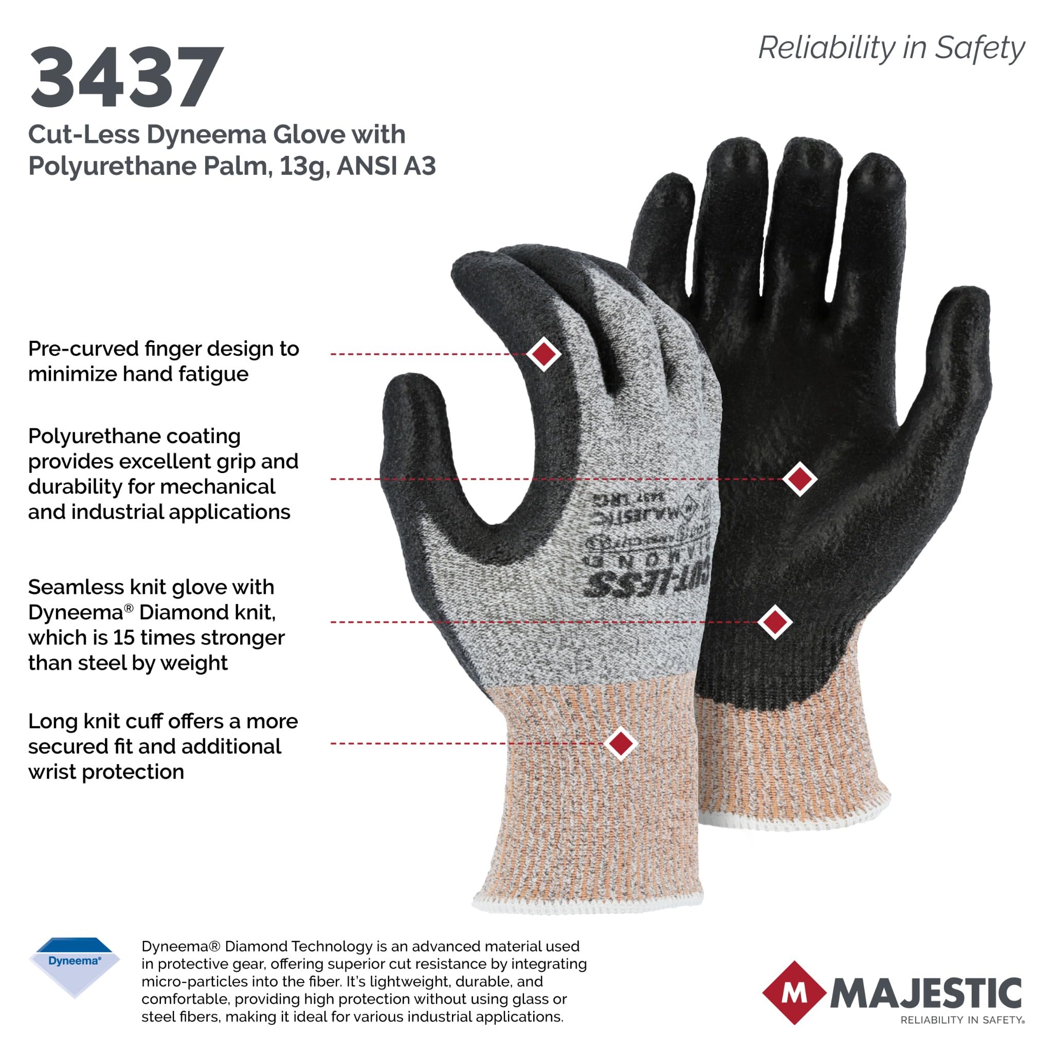 Majestic 3437/XL - Guante Dyneema sin cortes con palma de poliuretano, recubierto para aplicaciones mecánicas o industriales, diseño de dedo precurvado, XL, gris/negro