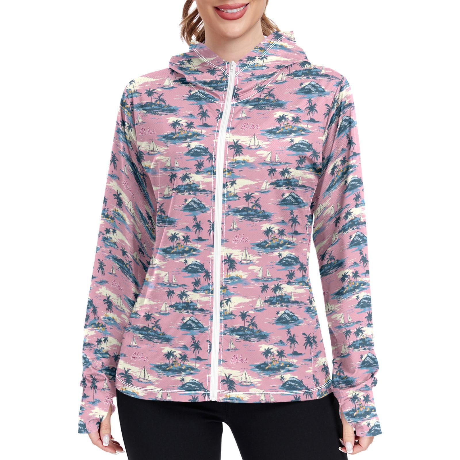 Tropical Hawaii Women Sun Protection Lightweight Hoodie Jacket Zip Up Jackets for Women UPF 50 Clothing for Hiking Golf Running L