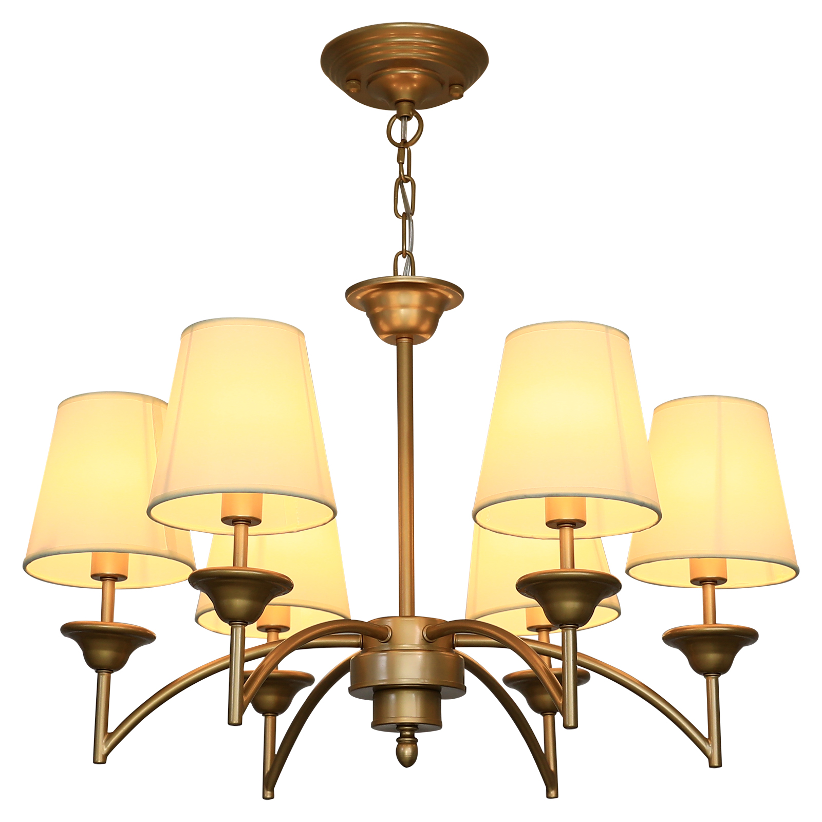 Image of 6 Light Chandelier with White Linen Fabric Shades Modern Gold Pendant Ceiling Light Fixture Dining Room Hanging Light for Hallway Kitchen Bedroom Entryway Foyer.