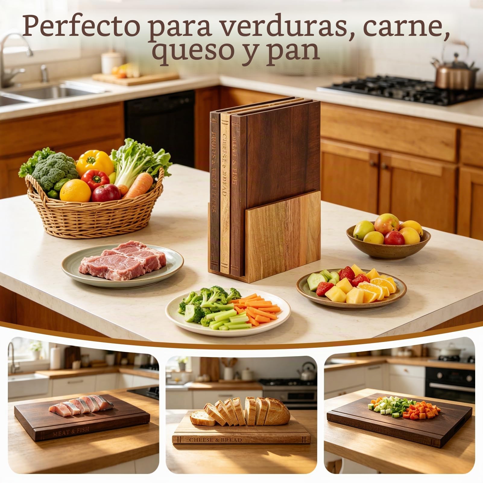 Tabla de Cortar Juego de 3 con Soporte, Tablas de Cocina de Madera Diseño | Libro, Antideslizantes y Resistentes a las Manchas, Cutting Board para Queso, Pan y Verduras, Duraderas y Prácticas