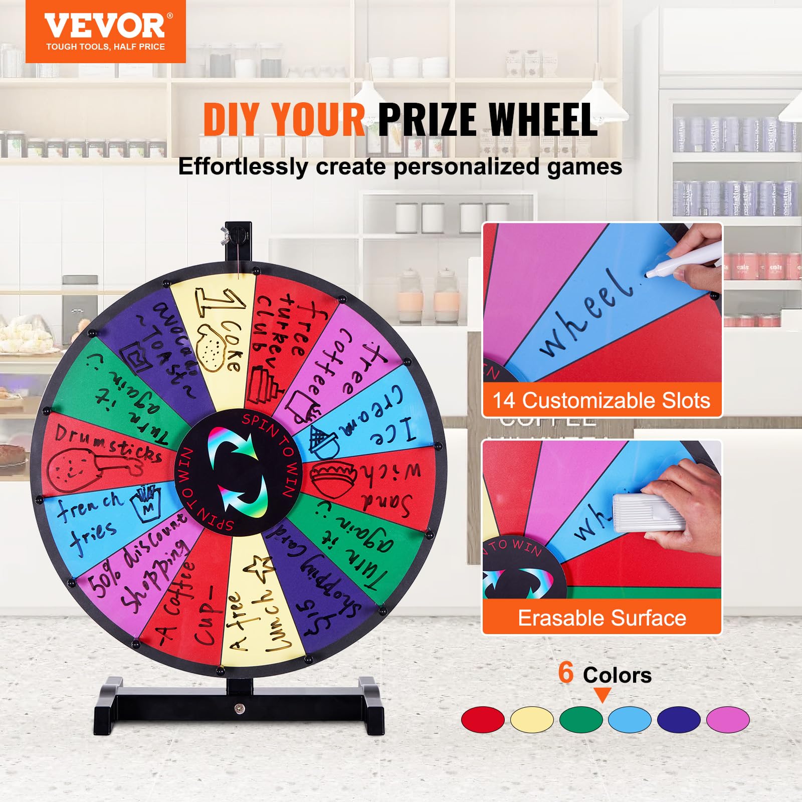VEVOR Ruota della Fortuna 457 mm, Ruota della Lotteria a Secco, Ruota Fortuna 14 Slot, con 2 Indicatori, Rotazione Liscia e Gioco del Bingo Equilibrato, Gioco per Feste in Salone Carnevale
