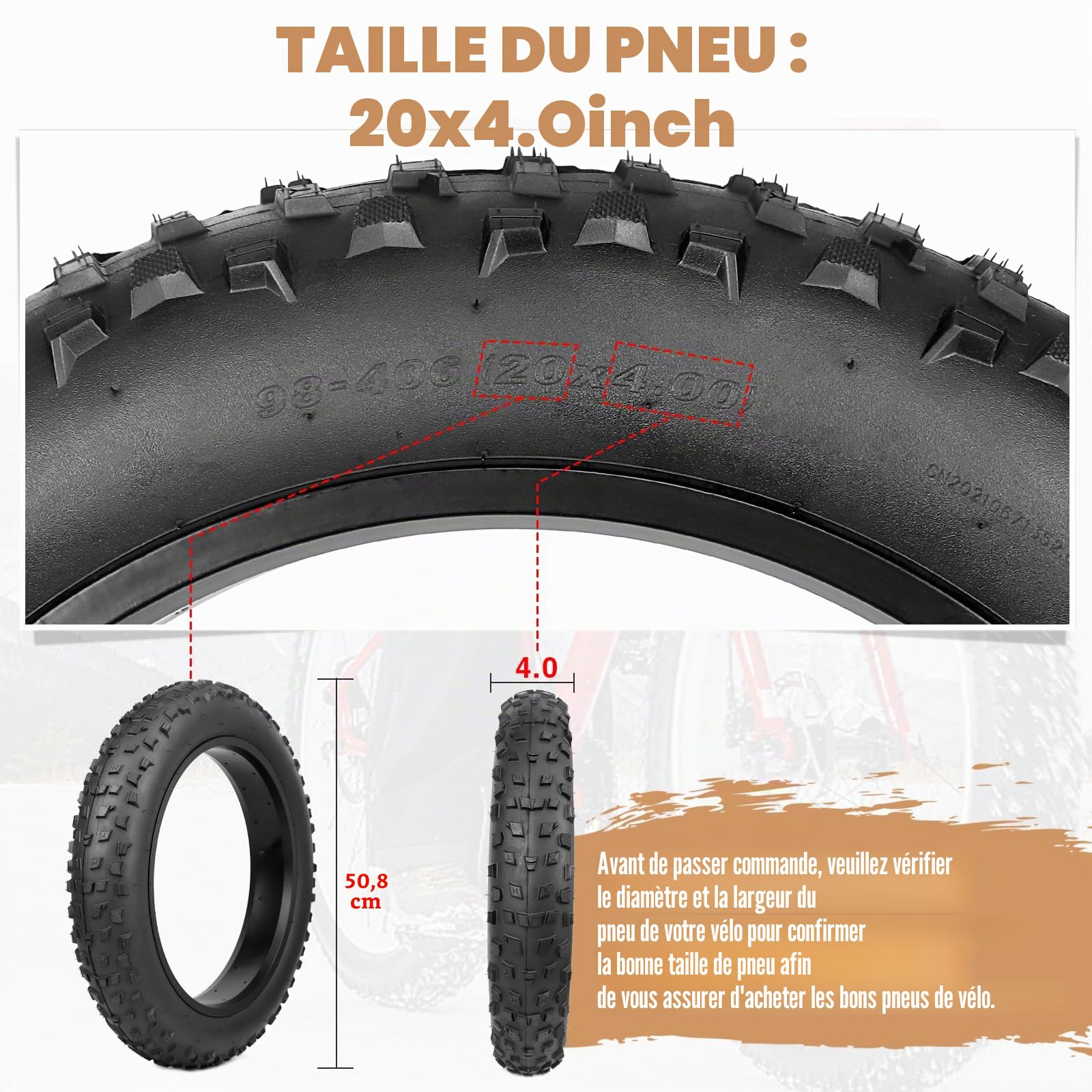 Pneu de Vélo 20x4.0 (98-406) - Pneu Large pour VTC, Vélo Électrique, Fat Bike - Pression 20 PSI - Anticrevaison