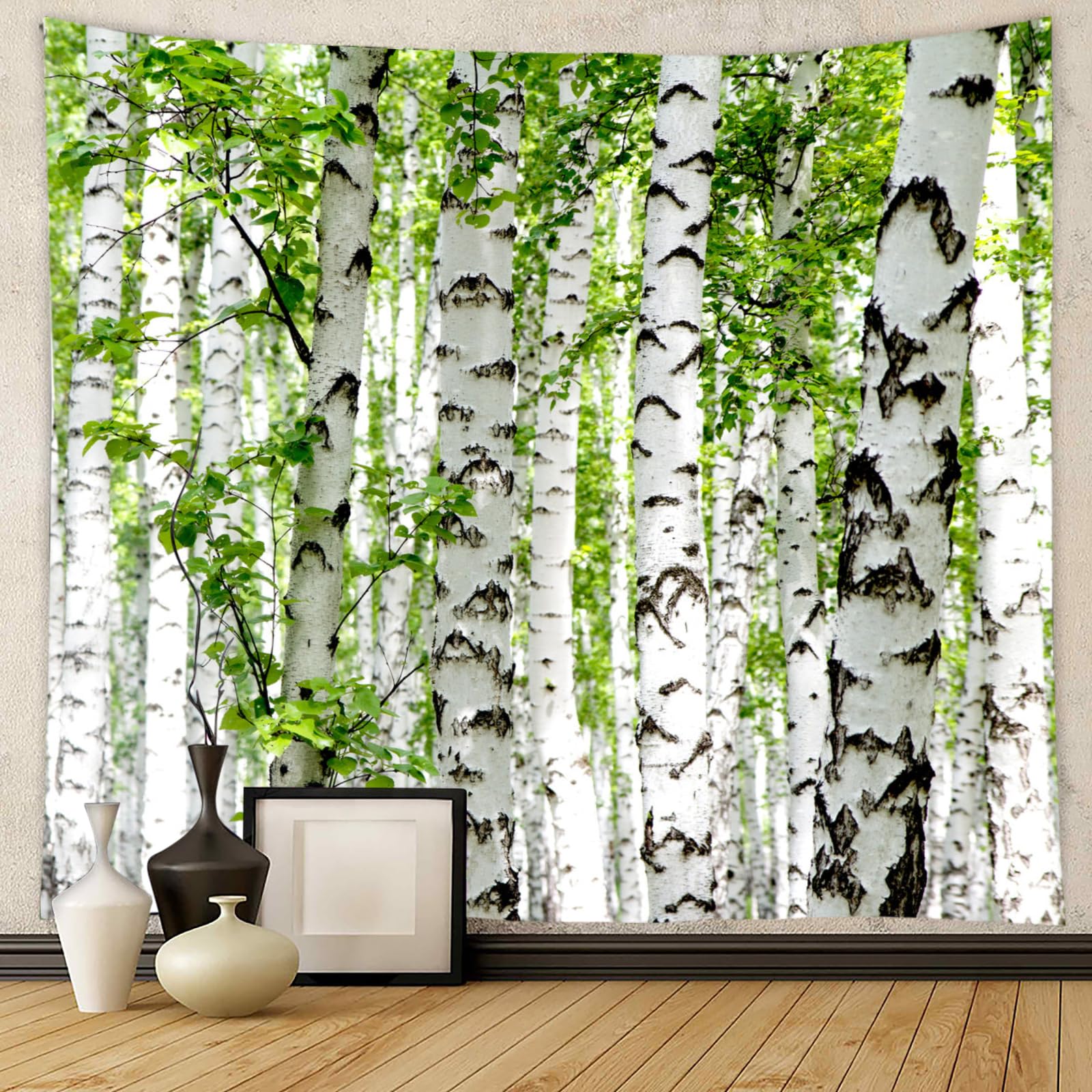 Tapisserie murale forêt vintage 150x130cm vert et blanc pour salon