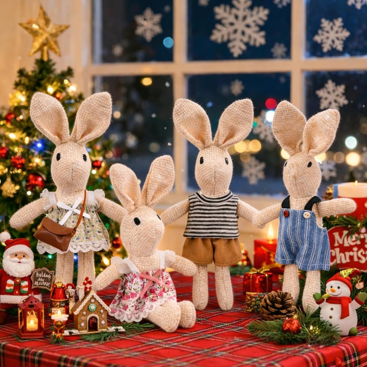 HAPGFS Handmade Rabbit Family Dolls Set of 4 with Removable Outfits & Bag, Realistic Dollhouse People Figures for Imaginative Play, Kids Room Decoration, Easter Bunny