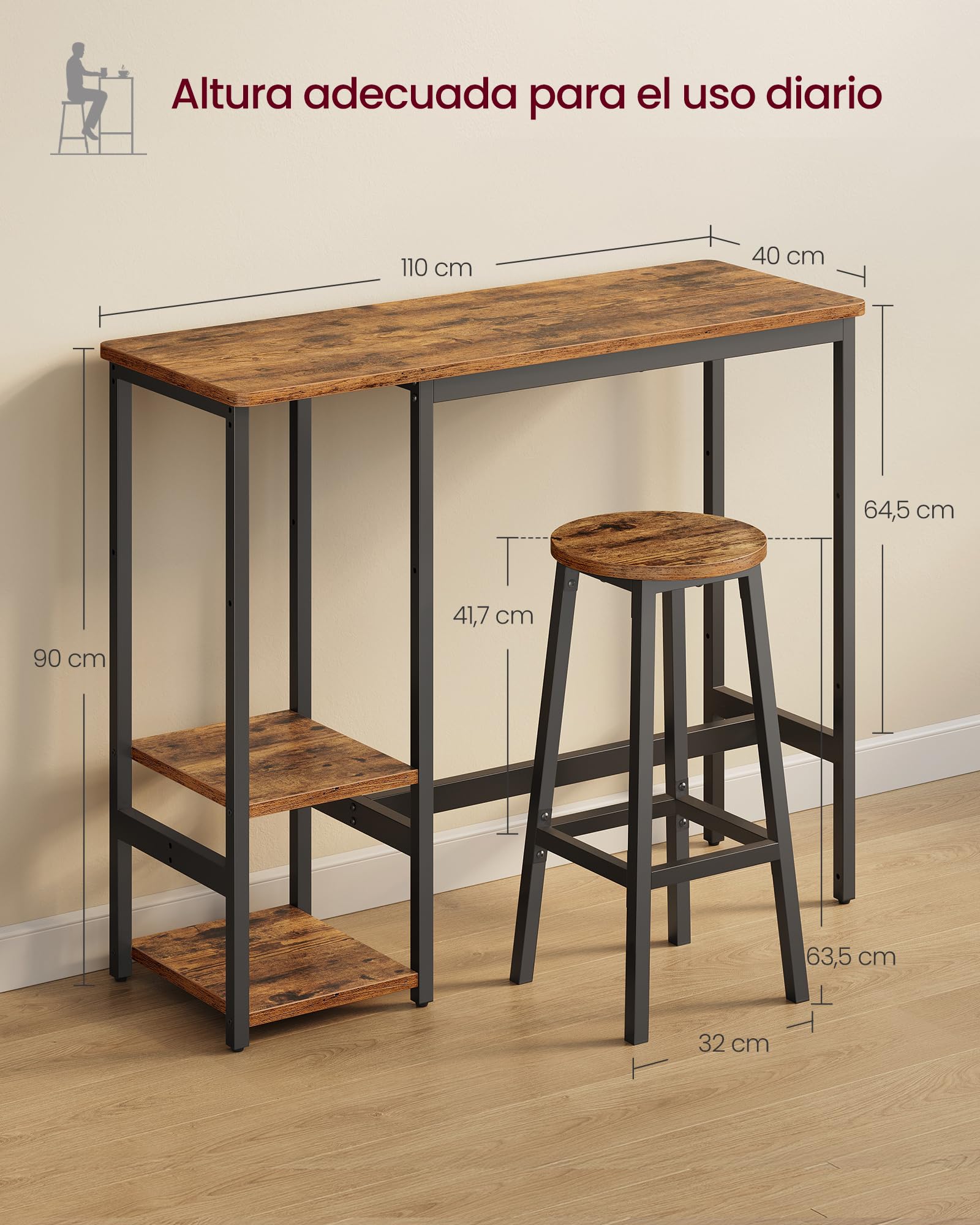 VASAGLE 1 Table with 2 Kitchen Chairs Dining Set with Storage Shelves for Living Room and Kitchen, Steel Frame, Easy Assembly, Rustic Brown and Black Ink LBT220KD01 — view 5