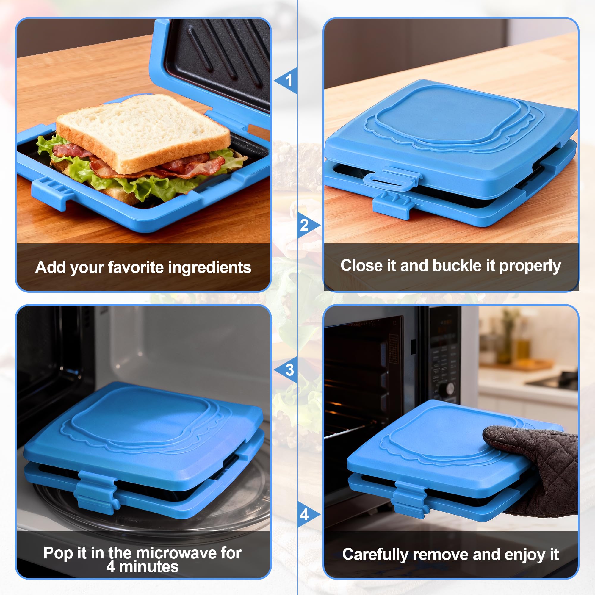 Sandwichera Microondas, Tostadora de Sándwiches 16 x 16cm, Sandwichera para Microondas con Platos Desmontables y Band de Silicona, Sandwich Maker para Paninis Sándwiches Bacon