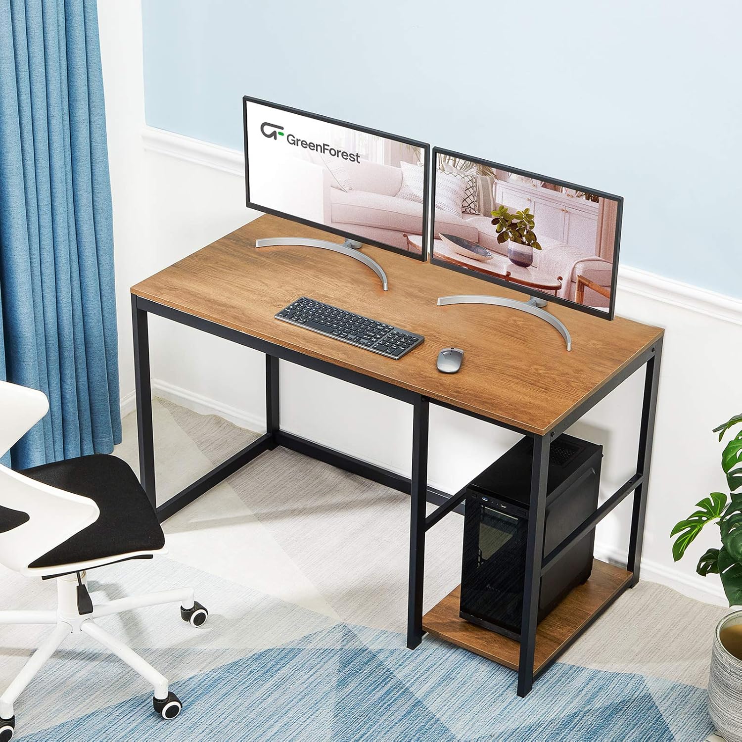 GreenForest Computer Desk 47 inch with Storage Space Home Office Work Desk with 2-Tier Shelves Modern PC Workstation Study Writing Laptop Table, Brown : Home & Kitchen