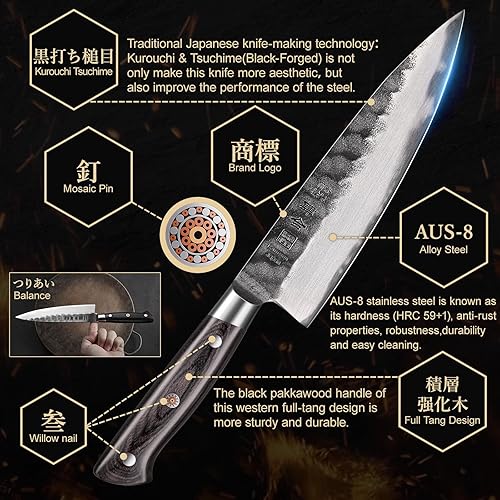 Miniatura 4 de Cuchillo de chef japonés de 8 pulgadas, cuchillo de cocina forjado negro con acero de aleación AUS-8 y mango de madera de Pakka de espiga completa,