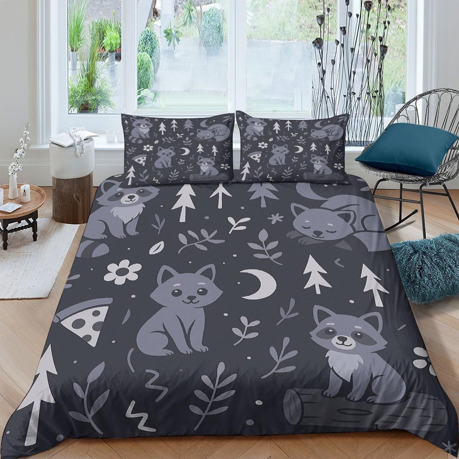Ctjqhvkz Style-1 3D Printed Forest Raccoon Fitted Sheet Microfiber Soft Grey Animal Woodland Bed Sheet For Bedroom Dorm Mattress Cover Single（135X200cm）