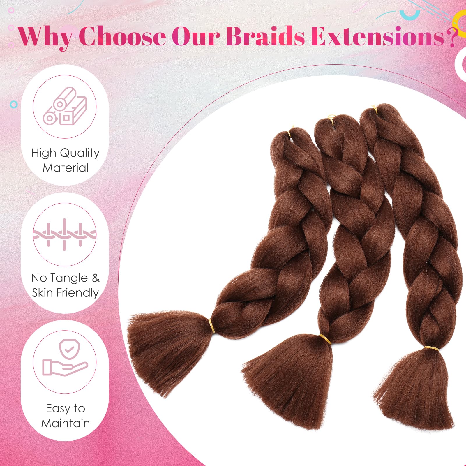 Benehair 3 Packs 24 Inch Braid Extensions Jumbo Box Braiding Hair for Twist Colorful Synthetic Hair Extensions for Braiding Dark Brown Hair Extensions for Women(3 Packs - Image 4