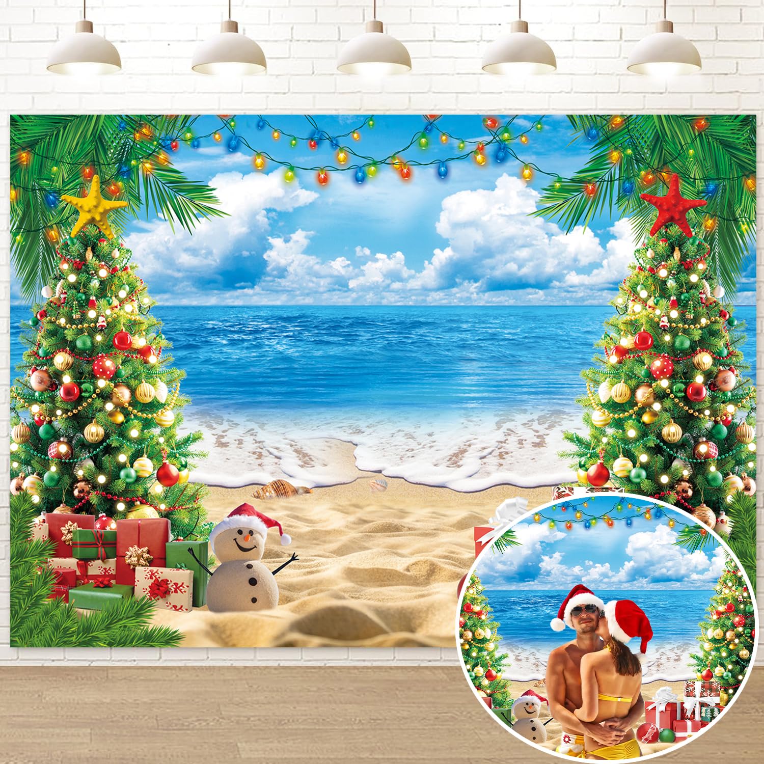 July Christmas Backdrop for Photography 7x5FT Summer Beach Christmas Tree Decorations Background Tropical Hawaiian Xmas Party Supplies Photo Props