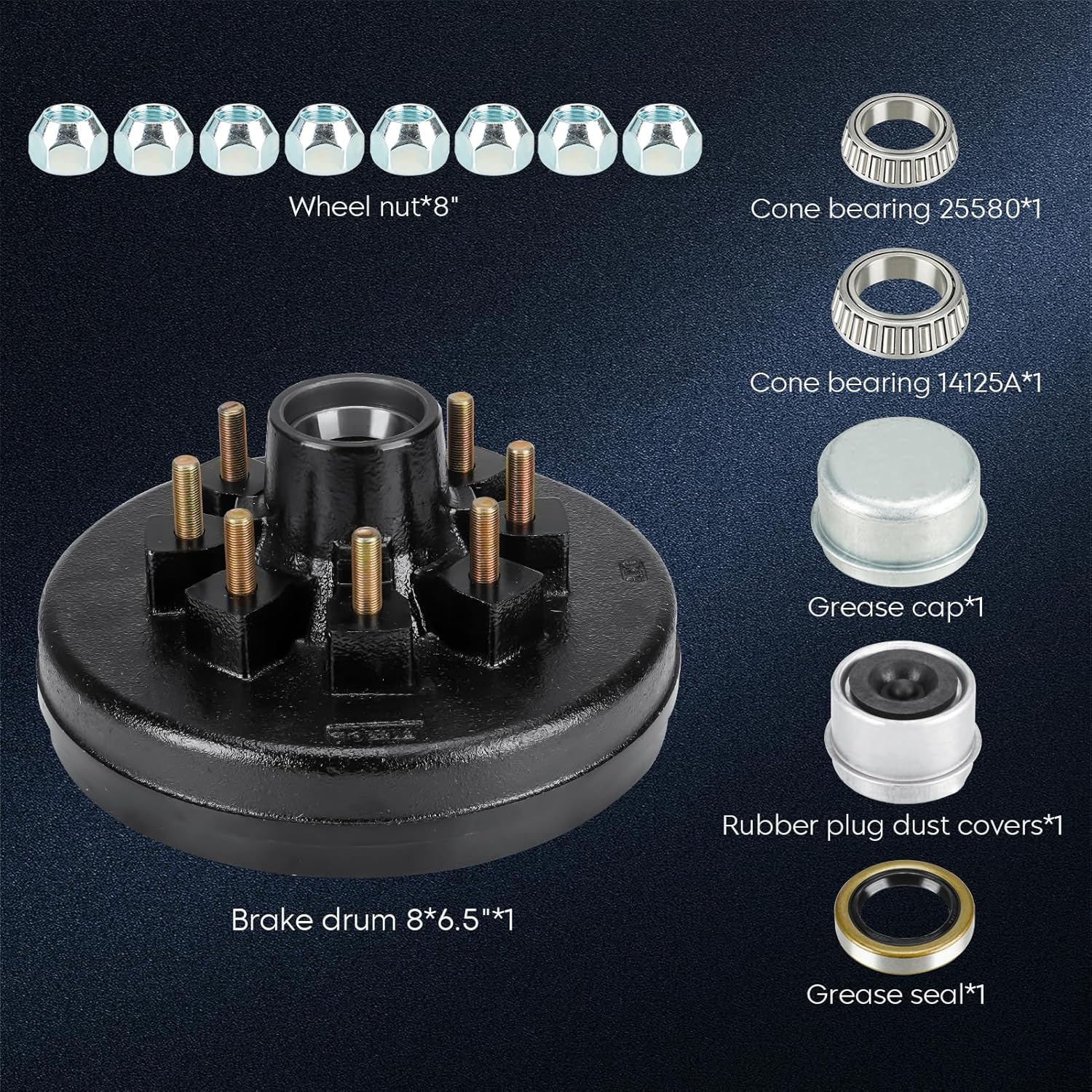 Youxmoto Trailer Brake Drum Kit 8-Hole 6.5" Bolt Circle, Replaces 12" X 2" Trailer Brakes Drum Assembly, for 7,000 lb.Axle, Fits 12 inch Trailer Brake Drum