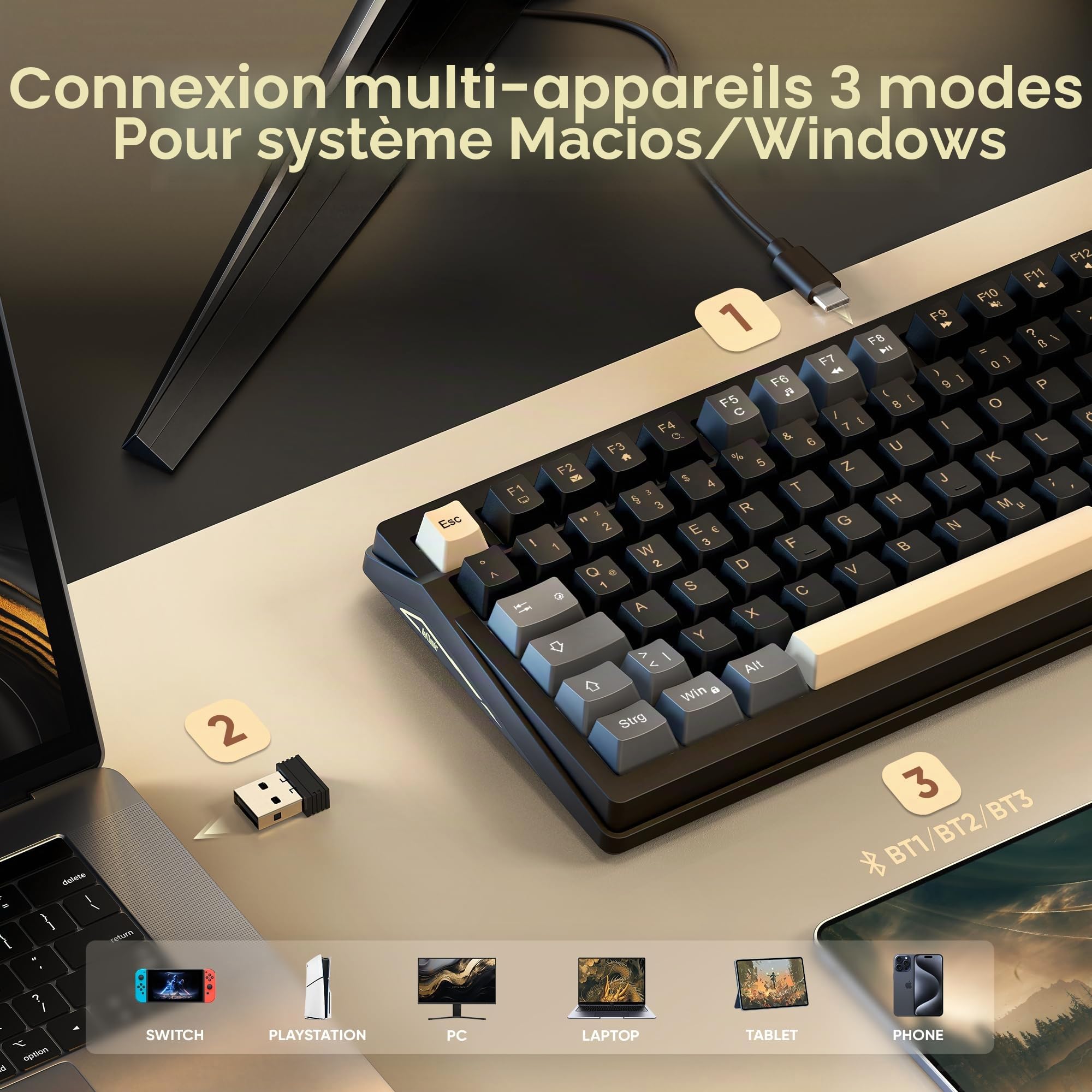 RedThunder K95 Clavier de jeu mécanique sans fil 1,88" QWERTZ 96 touches Gasket BT/USB-C/2,4 GHz logiciel échange à chaud interrupteur rose linéaire RVB PBT