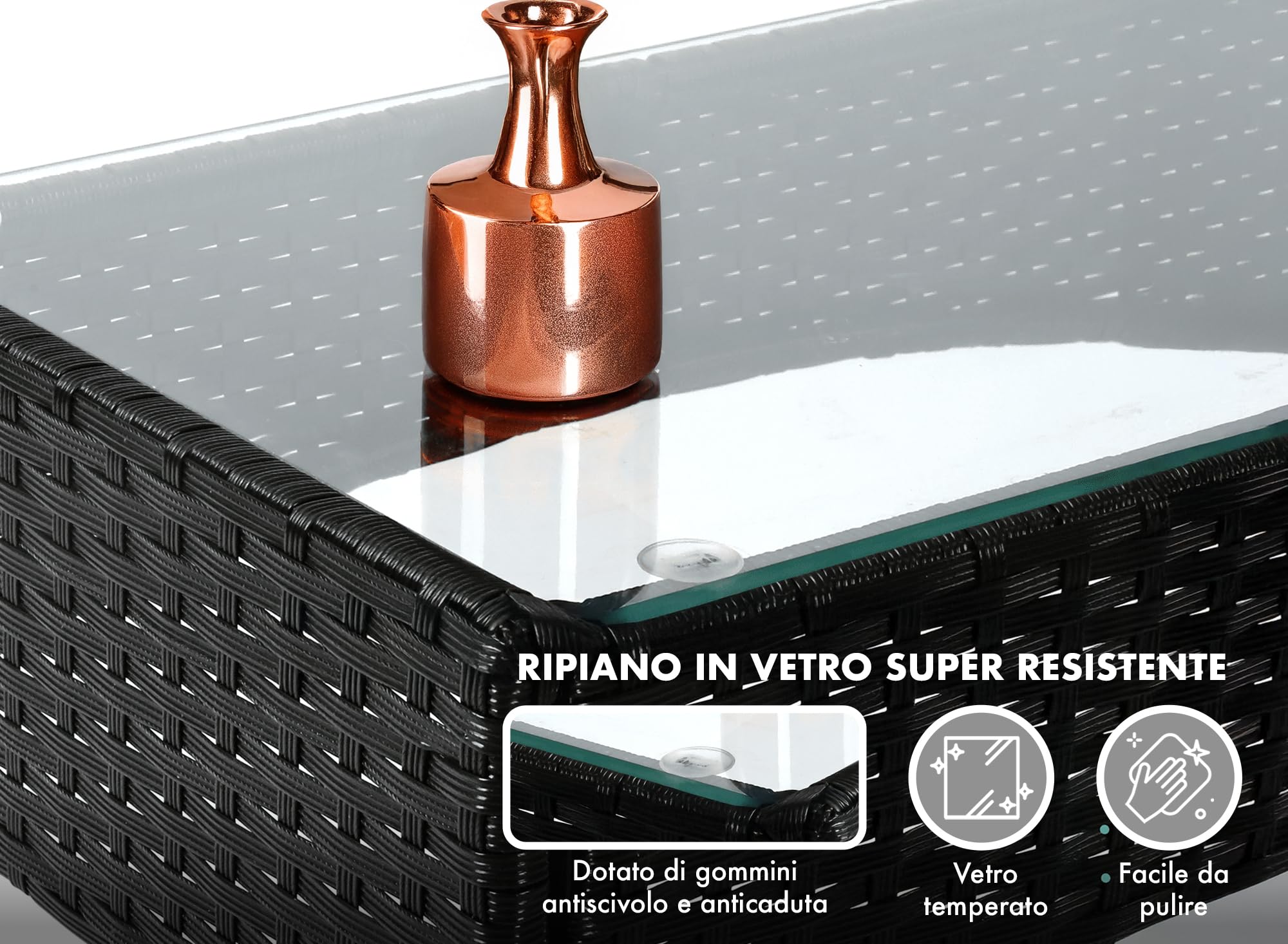 Salotto da Esterno in Rattan 4 Posti con Divano, 2 Poltrone e Tavolo in Vetro Temperato – Set Giardino Premium Waterproof con Cuscini Sfoderabili per Terrazzo e Patio - Salotto Relax Estivo (Rattan)