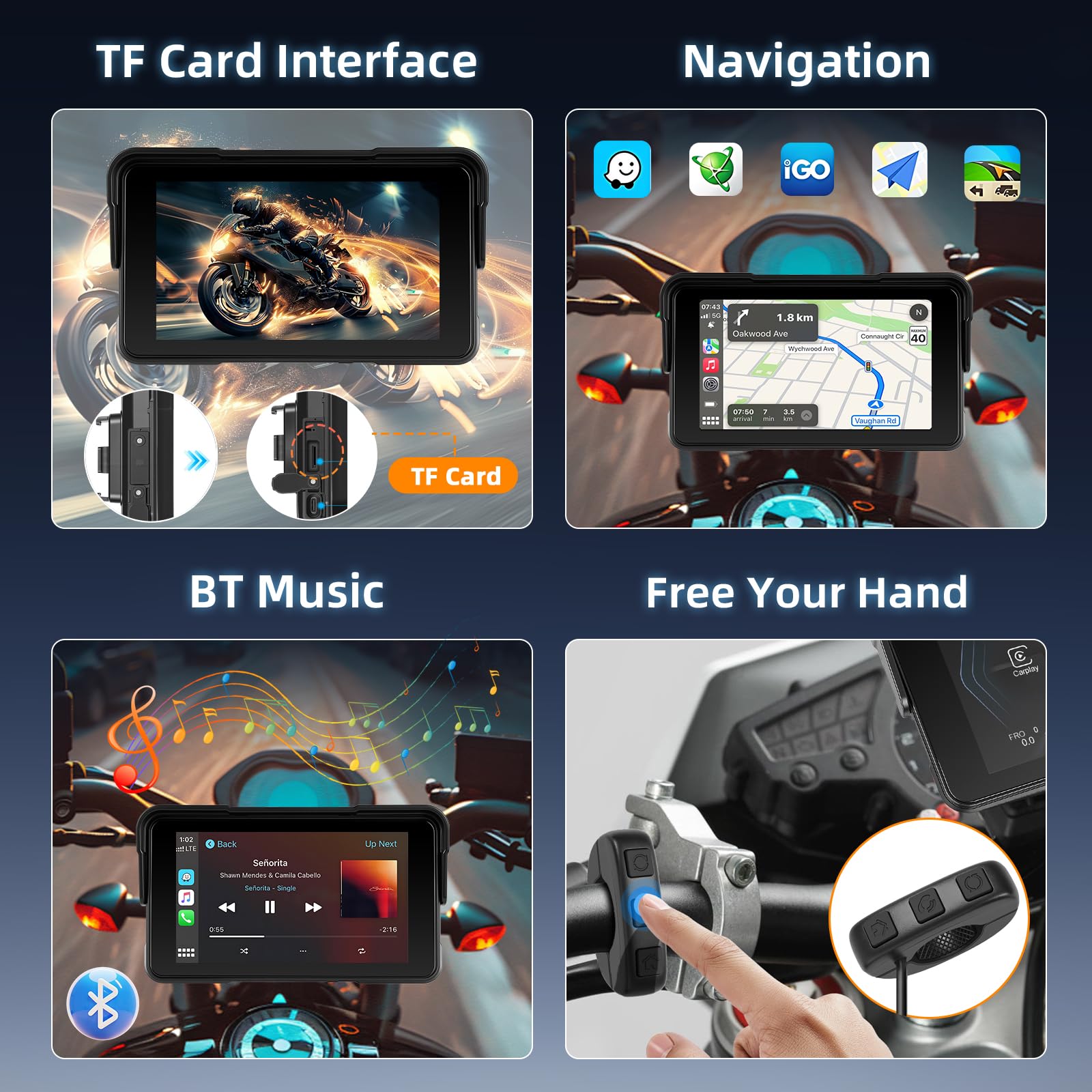 CarPlay Schermo Carplay per Moto con Wireless Android Auto, 5 Pollici Impermeabile Touchscreen, Doppio Bluetooth, Navigazione GPS, Siri/G00gle Assistente, Plug-and-Play