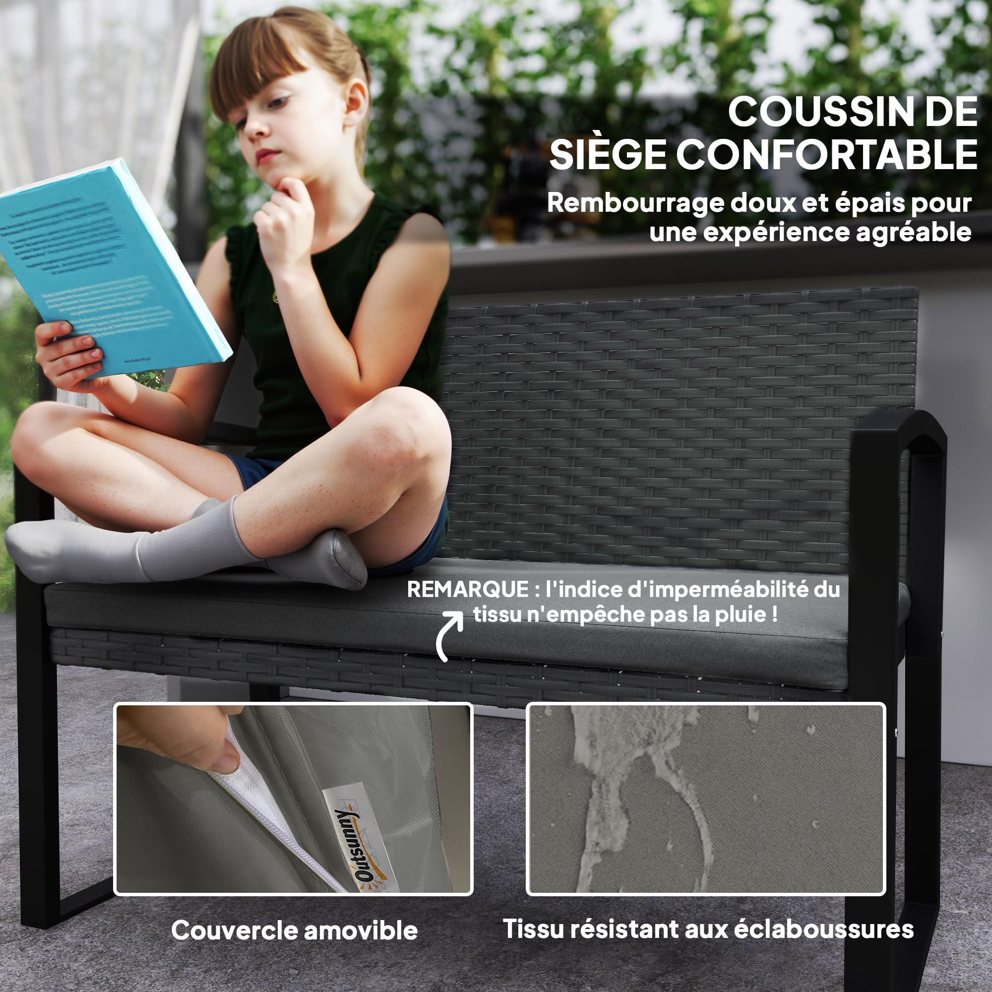 Outsunny Banc de Jardin 2 Places, Banc d'extérieur en résine tressée PE avec Coussin, Banquette de Patio avec accoudoirs, Structure en Acier galvanisé, Gris et Noir