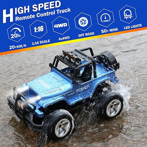 Miniatura 2 de Camión monstruo de control remoto para niños 4-7, 1/16 todoterreno RC Truck Crawler de alta velocidad RC Pickup SUV con luces LED recargable RC