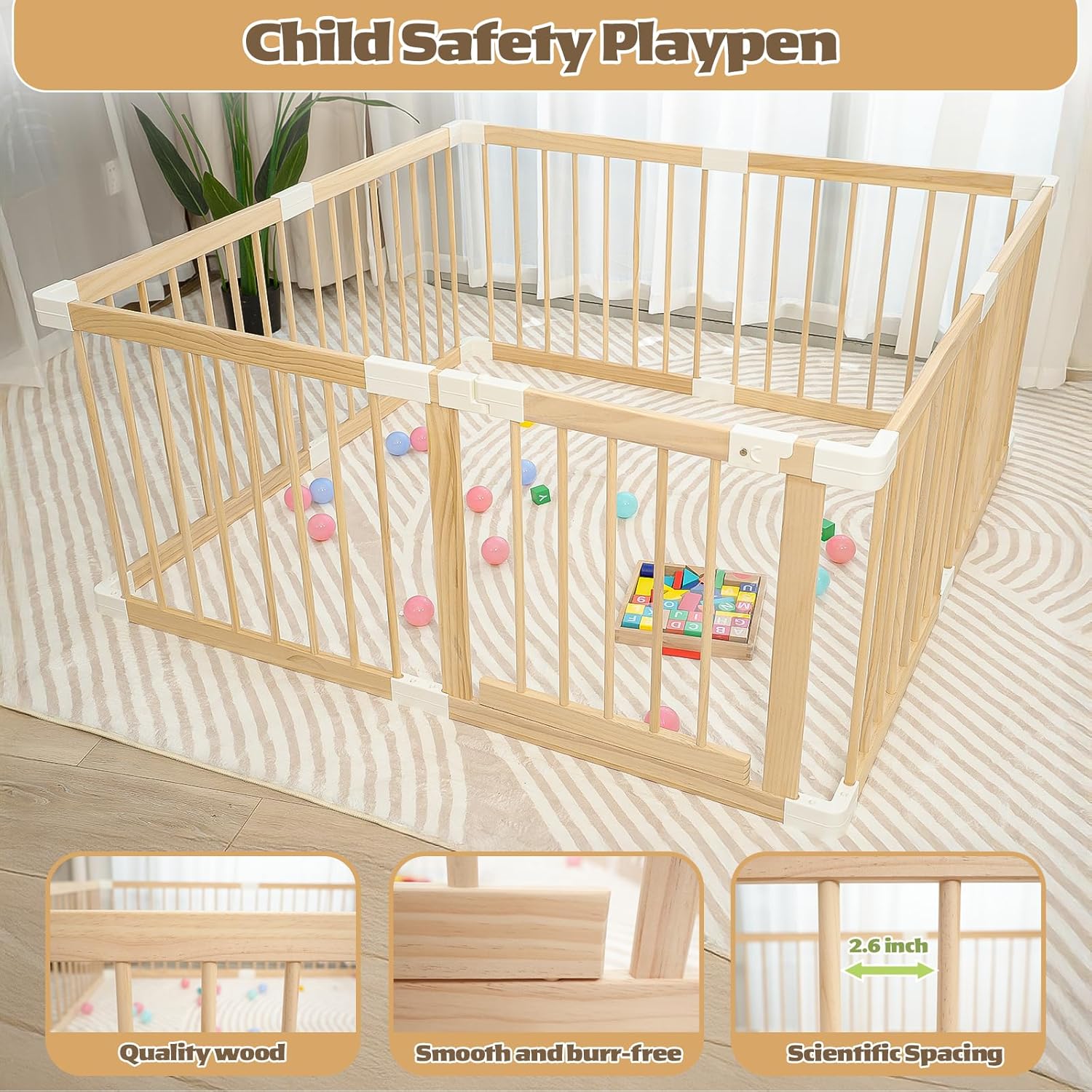 Baby Playpen,Wooden and Toddler Playpen,Play Pen for Babies and Toddlers Kids Indoor,Wooden Babies with Locking Baby Gate,Easy to Assemble,Play Pen Area Indoor(53x53x24 Inch)