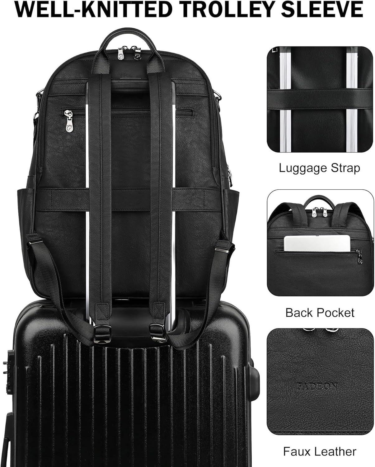 FADEON 15.6 inch Laptop Backpack Purse for Women Designer PU Leather Computer Backpacks Fashion for Work Travel Black - Image 7