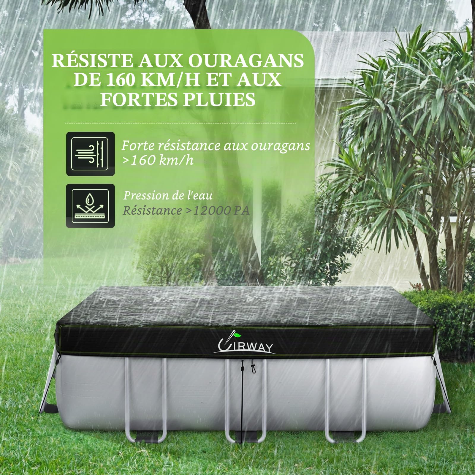 UIRWAY Bâche de piscine rectangulaire de 2,3 x 4,6 m avec bandes réfléchissantes pour piscine hors sol, bâche solaire avec attache de corde et clous lumineux au sol, couverture de piscine pour piscine