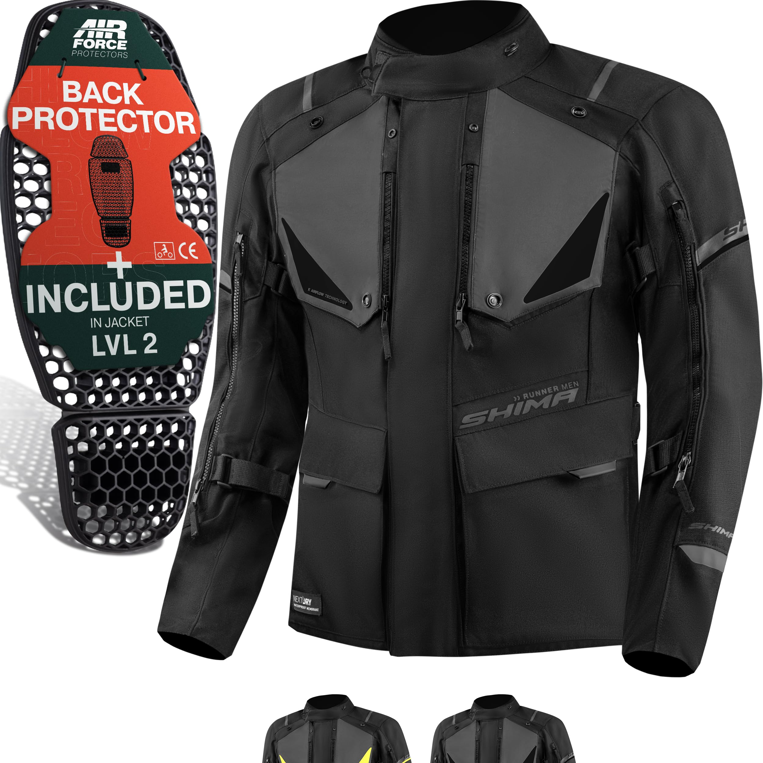 SHIMA RUNNER Motorbike Jackets for Men AIRFORCE Back Protector Armour Riding Motorcycle Jacket Summer Winter Bikers Waterproof Lightweight Armoured Motorcycles (Mens, Black, S)