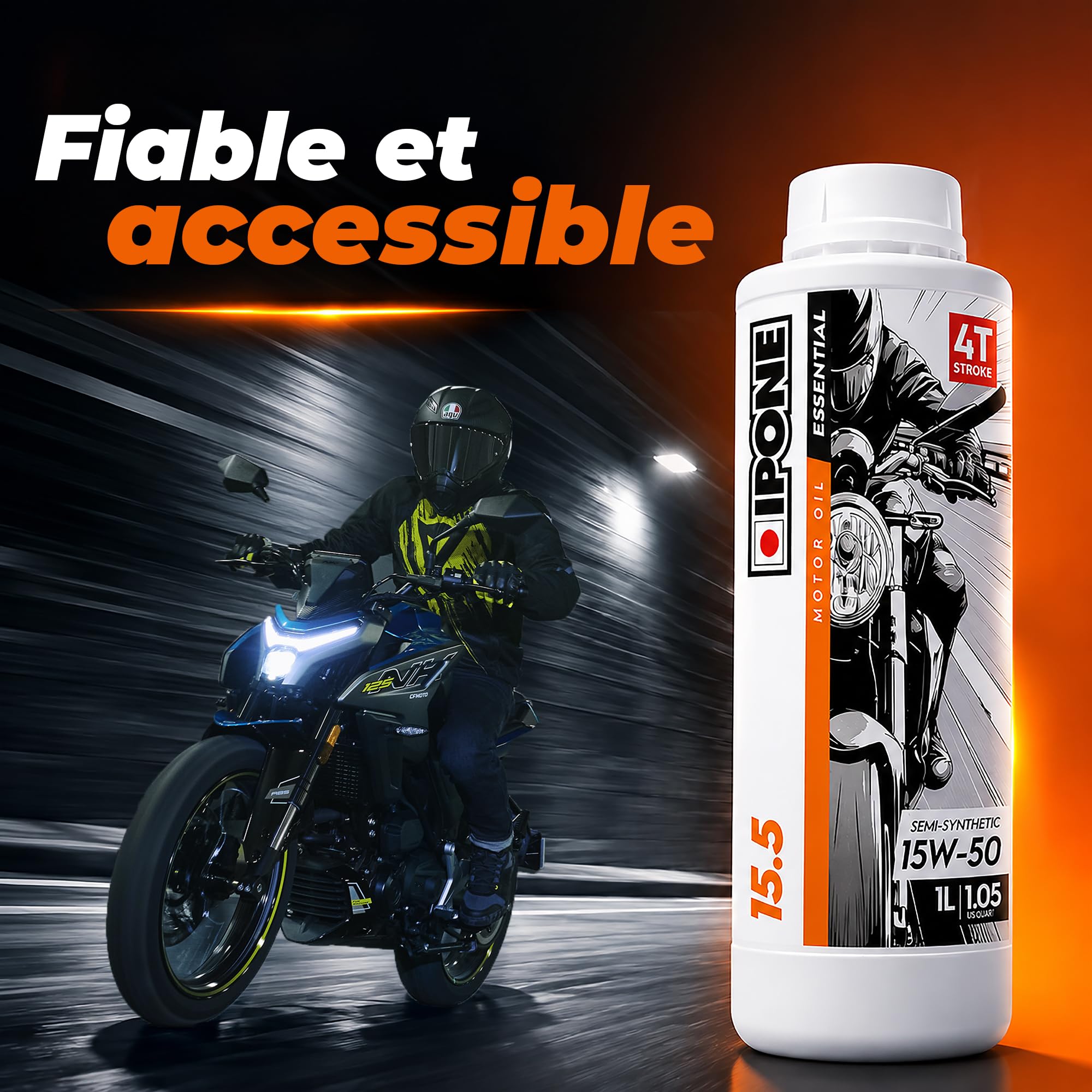 IPONE – Huile Moteur Moto 4 Temps 15W50 15.5 – Bidon 4 Litres - Semi-Synthétique - Gamme Essential - Protection efficace du moteur - Fiable et accessible - Usage de la moto régulier
