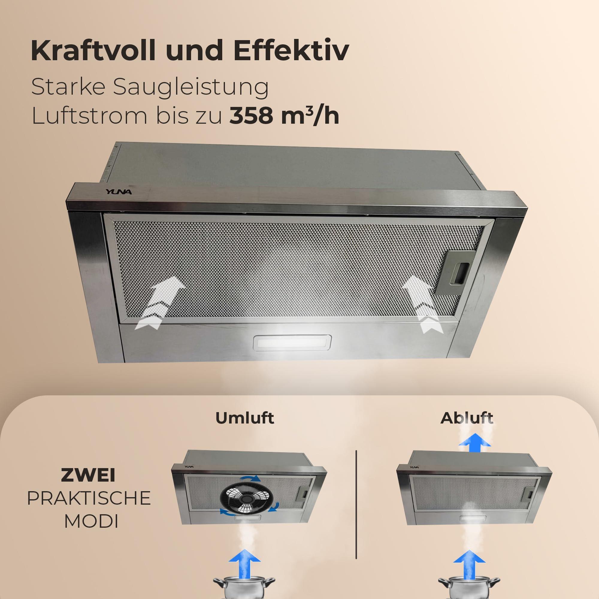 Yuna ALVA FS60B Dunstabzugshaube 60 cm 358 m³/h Edelstahl LED Umluft Abluft