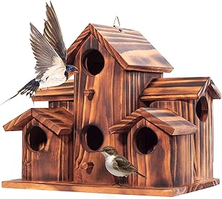 MIXUMON Wooden Bird Houses for Outside – 6 Rooms Multi-Chamber Bird House, Carbonized Pine Rustic Finish, 1.57" Entrance Holes, Cleaning Doors for Each Room, Decorative Outdoor Bird Nesting Box