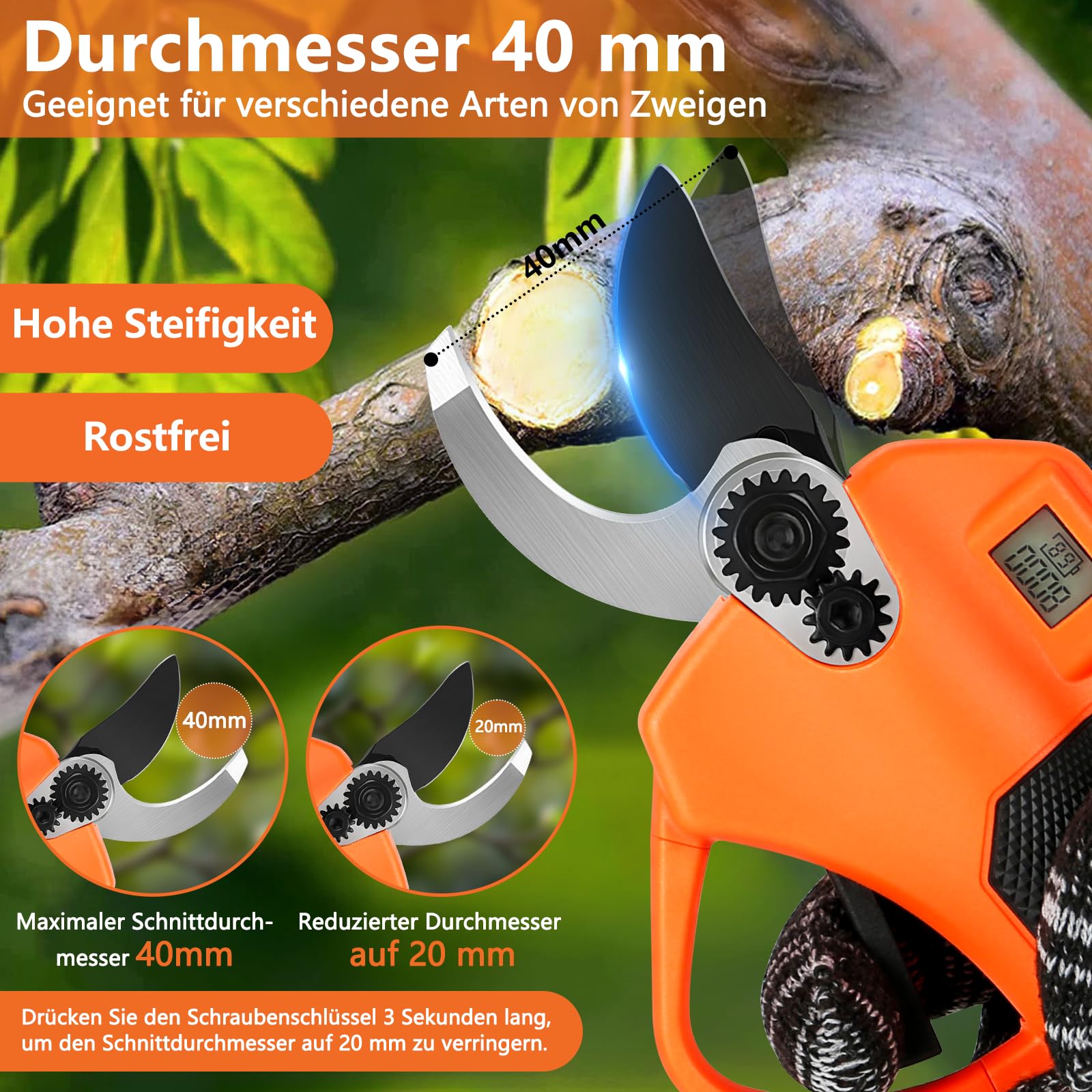 Akku Astschere mit LCD Anzeige, Schnurlose Elektrische Gartenschere mit 2 x 2000mAh Batterien und Max 40 mm SK5 Klingen, Tragbare Professionelle Elektrogartenscheren zum Baumschneiden