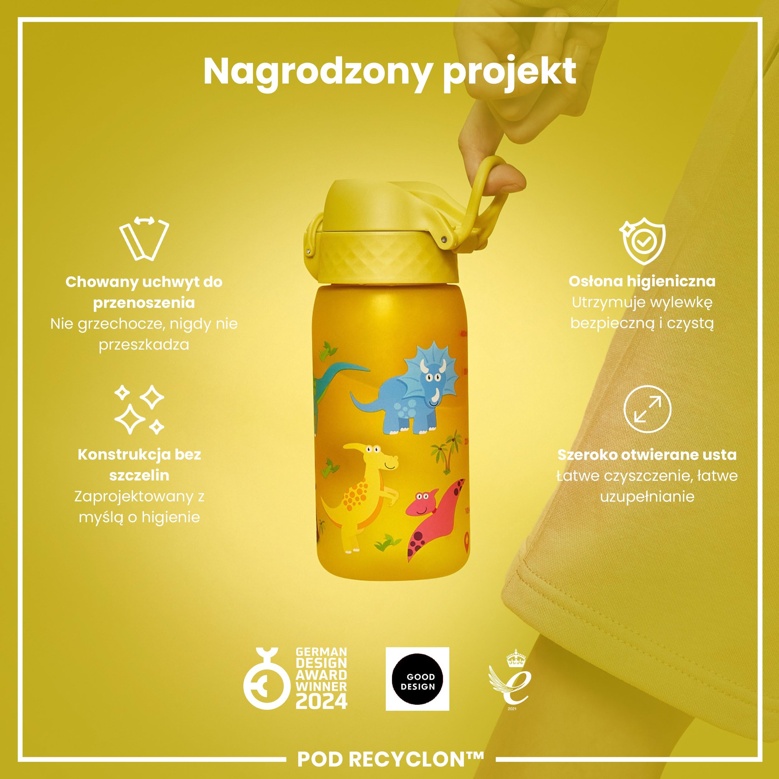 ION8 Butelka dla Dzieci, 350 ml/12 oz, Szczelna, Łatwa do Otwarcia, Bezpieczny Zamek, Można Myć w Zmywarce, Bez BPA, Uchwyt do Przenoszenia, Łatwa do Czyszczenia, Bezwonny, Dinozaury