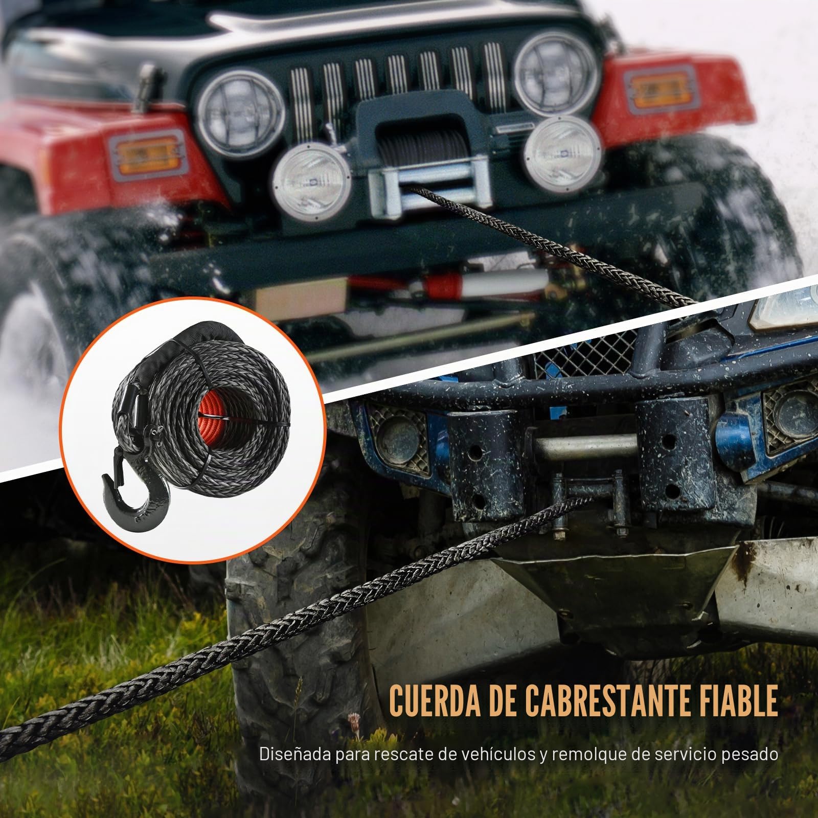 VEVOR Cuerda de cabrestante de 9,5 mm x 30,5 m, cable sintético de resistencia a la rotura de 117,9 kN con funda protectora, gancho de cabrestante forjado, correa de tracción para SUV, vehículos todot