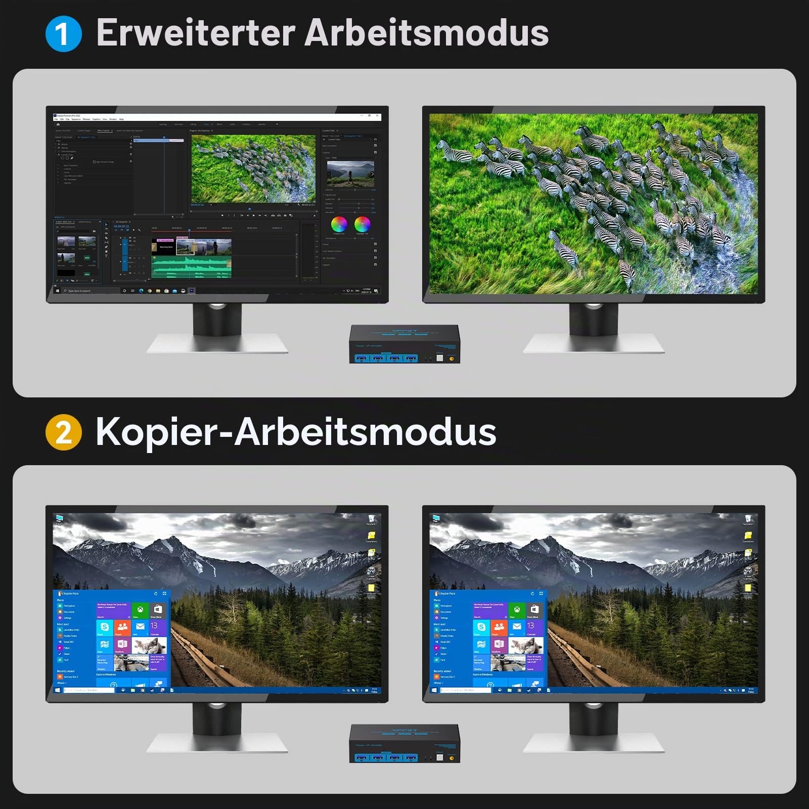 8K@60Hz Displayport HDMI KVM Switch 2 PC 2 Monitore 4K@120Hz USB 3.0 KVM Switches mit 4 USB Anschlüssen für zwei Computer mit gemeinsamem Dual-Monitor, Tastatur, Maus, Drucker und U-Disk