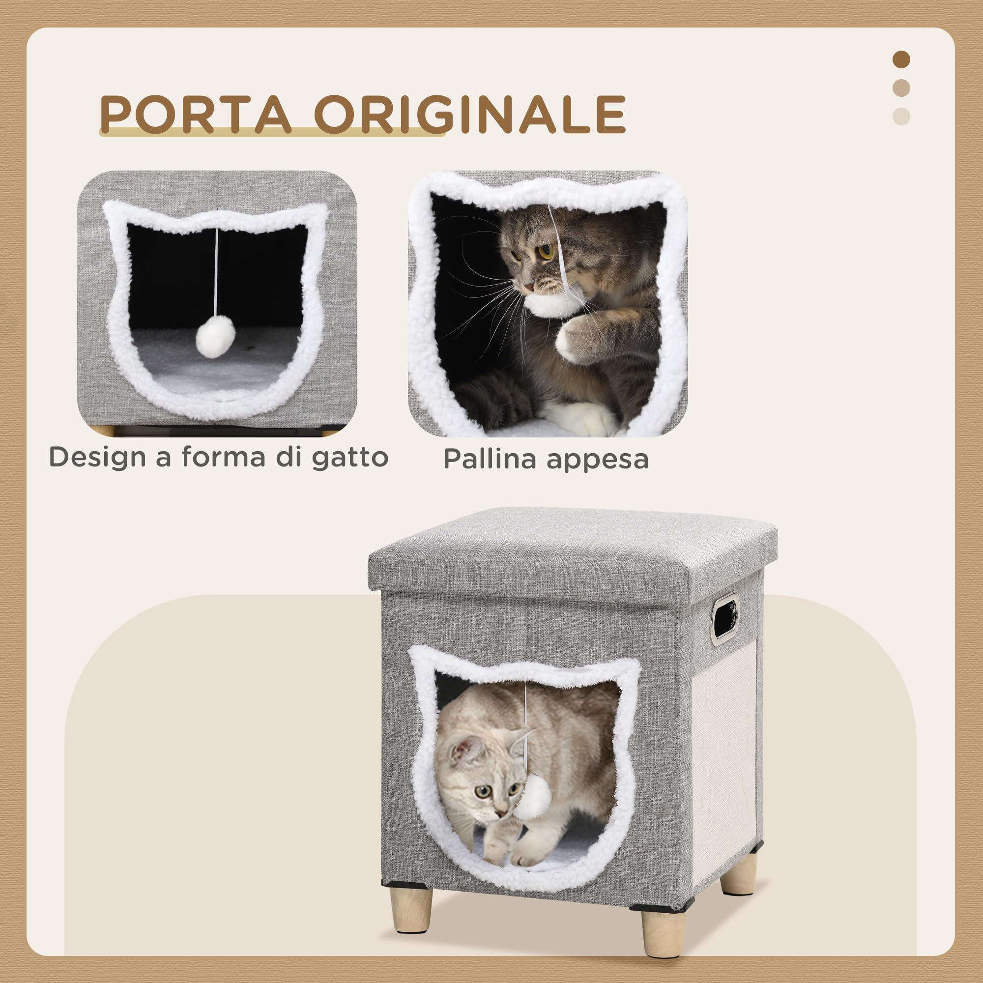 PawHut Casetta per Gatti con Tappetino Tiragraffi, Cuscino Lavabile e Pallina Giocattolo, Cuccia Gatti in MDF, Tessuto Effetto Lino, Peluche e Sisal, 35.5x35.5x42.5 cm, Crema e Grigio