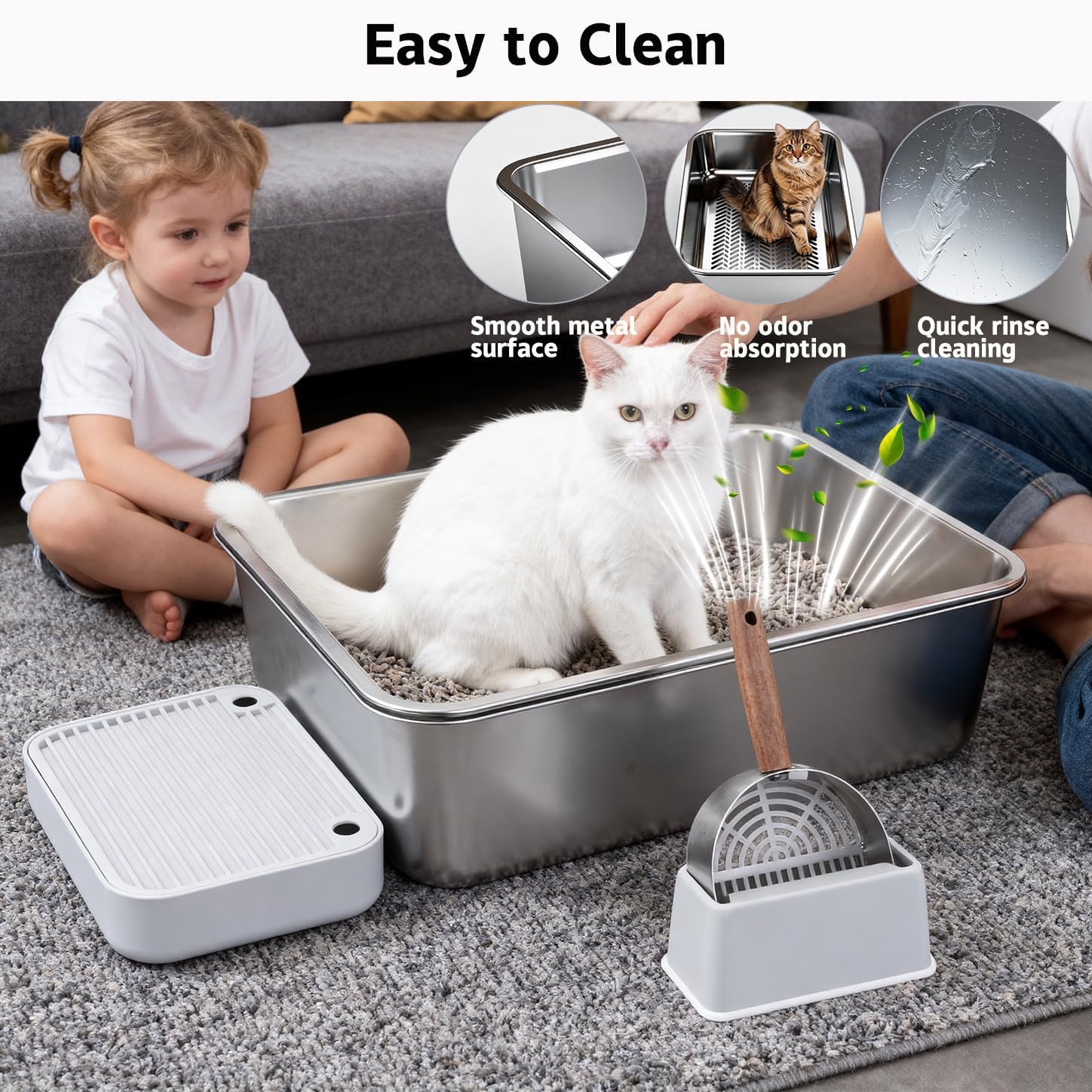 Stainless Steel Cat XL Litter Box with Sifting Tray, Double Layer Metal Litter Box for Pine Pellets, 23.6" × 15.7" × 8" High Sided Kitty Litter Box for Cats, Easy to Clean, No Odor