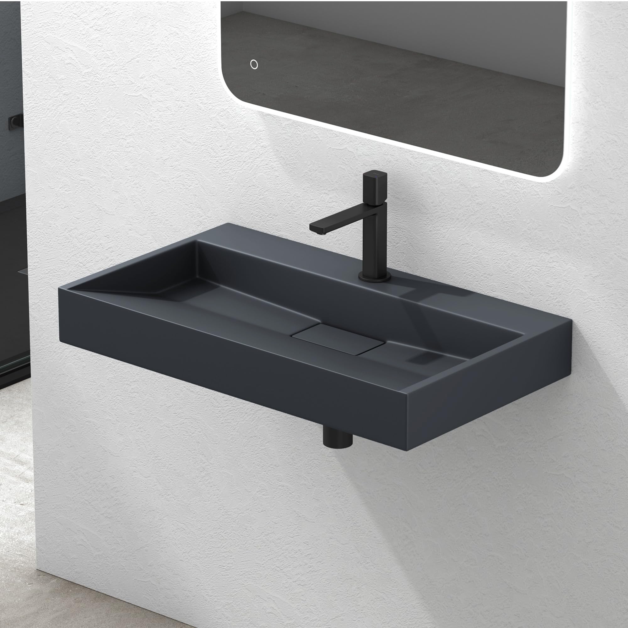 Mai & Mai Bathroom Basin Countertop | Cast Stone Resin Rectangular Matt Anthracite Wall Hung Sink | Solid Surface With Drain Fitting, 1 Tap Hole | WDH: 80×46×11cm Col19