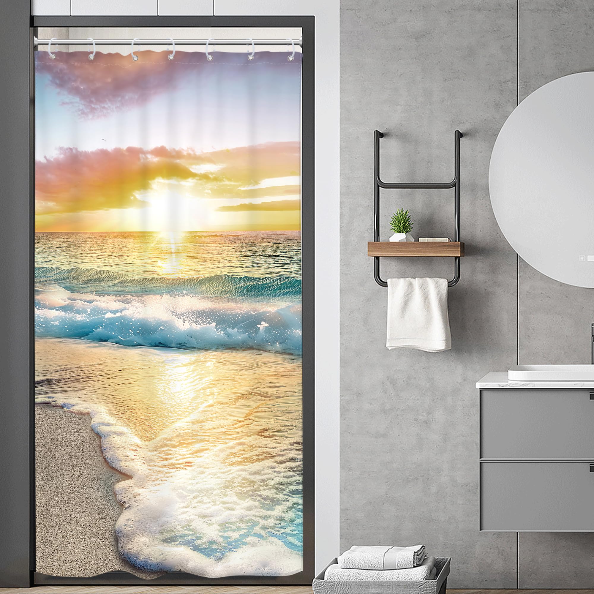 Riyidecor Stall Small Half Shower Curtain Beach Summer 36x72 Inch RV Mini Single Narrow Ocean Coastal Hawaiian Sunrise Sea Wave Seaside Scene Island Blue Cool Set Waterproof 7 Pack Hooks — image 1