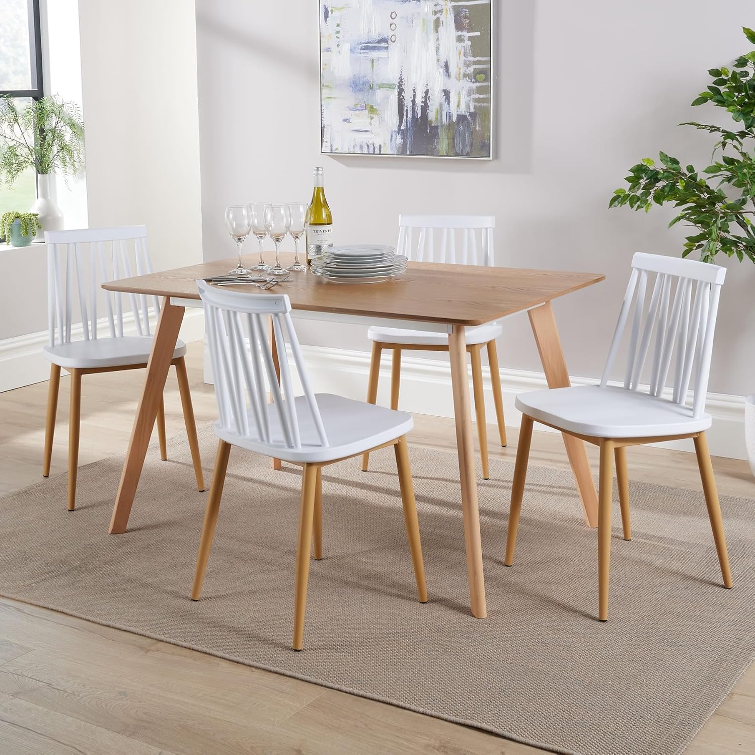 Home Source Kitchen Dining Set 4 White Metal, 120cm Table, Wood, 4 ...
