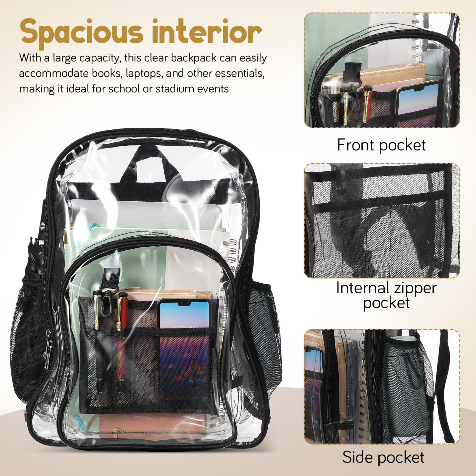 Levemolo Zaino Trasparente Borsa da Stadio Trasparente per Eventi Scolastici e Sportivi Tasche Organizzative e Cinghie Ergonomiche