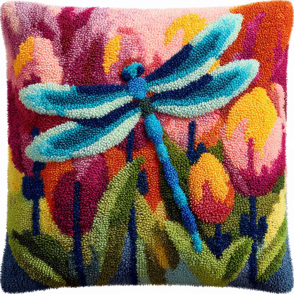 Taxpy Latch Hook Pillow Kits, Cartoon Dragonfly Pillowcase with Preprinted Throw Pillow Crochet Yarns Knitted Latch Hooking Cushion for Home Sofa 17x17inch