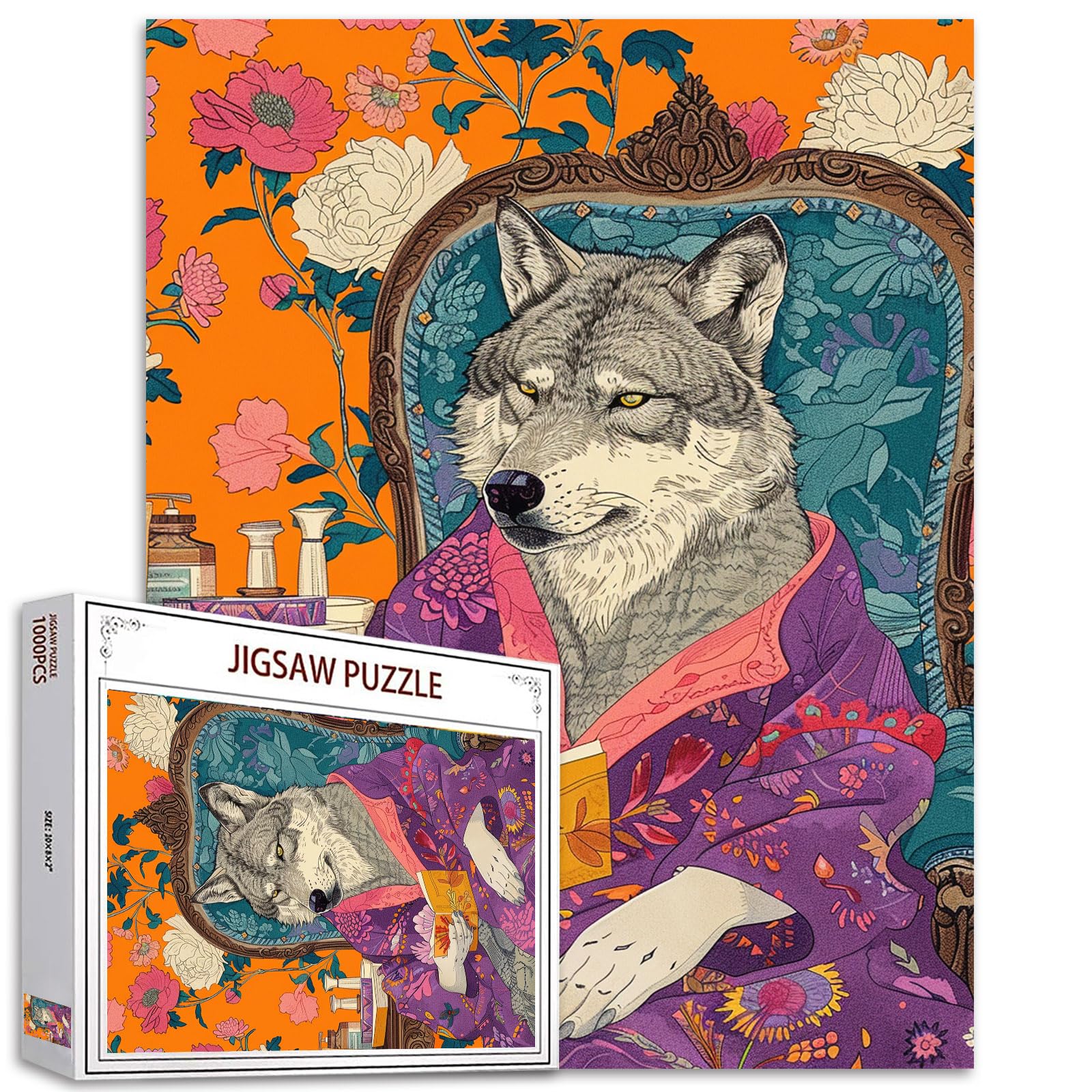 Wolf in Clothes Sitting on the Couch 1000 Piece Jigsaw Puzzle, Jungle Animal Flower Art for Home Decor, Family Game Nights & Gifts