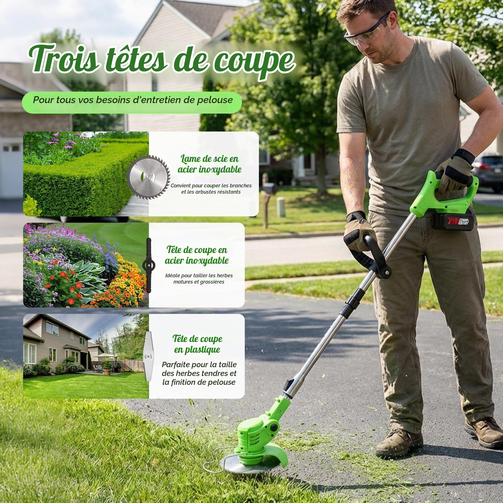 Coupe Bordure sans Fil,Debroussailleuse Electrique sans Fil,Debroussailleuse avec 2 Batteries Et Un Chargeur,Poignée Réglable,4 Types Lames Efficace,légères et à Faible Bruit,pour Jardin Élagage (C)