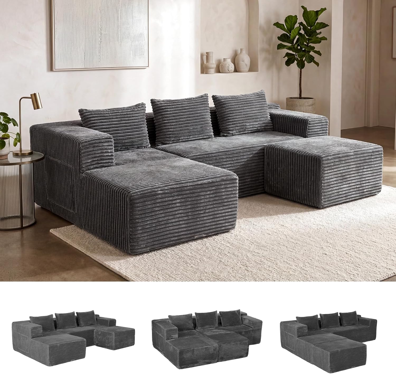Modular Sectional U-Shaped Sofa with Deep Seat, Modern