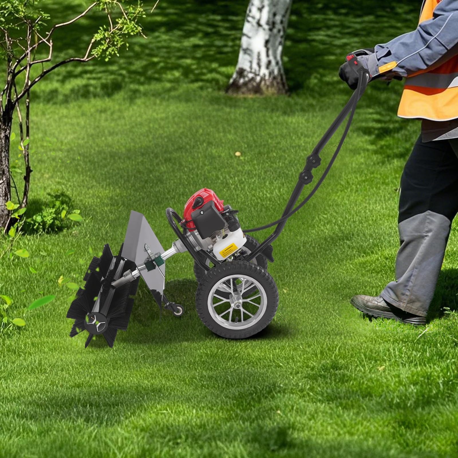 43CC Kehrmaschine Benzin 2-Takt Motorbesen, RäUmgeräT Schnee Sweeper, 60 cm Bürstenbreite 1,25 kW / 1,7 PS Handkehrmaschine für Kunstrasen, Straßen und Schneeräumung