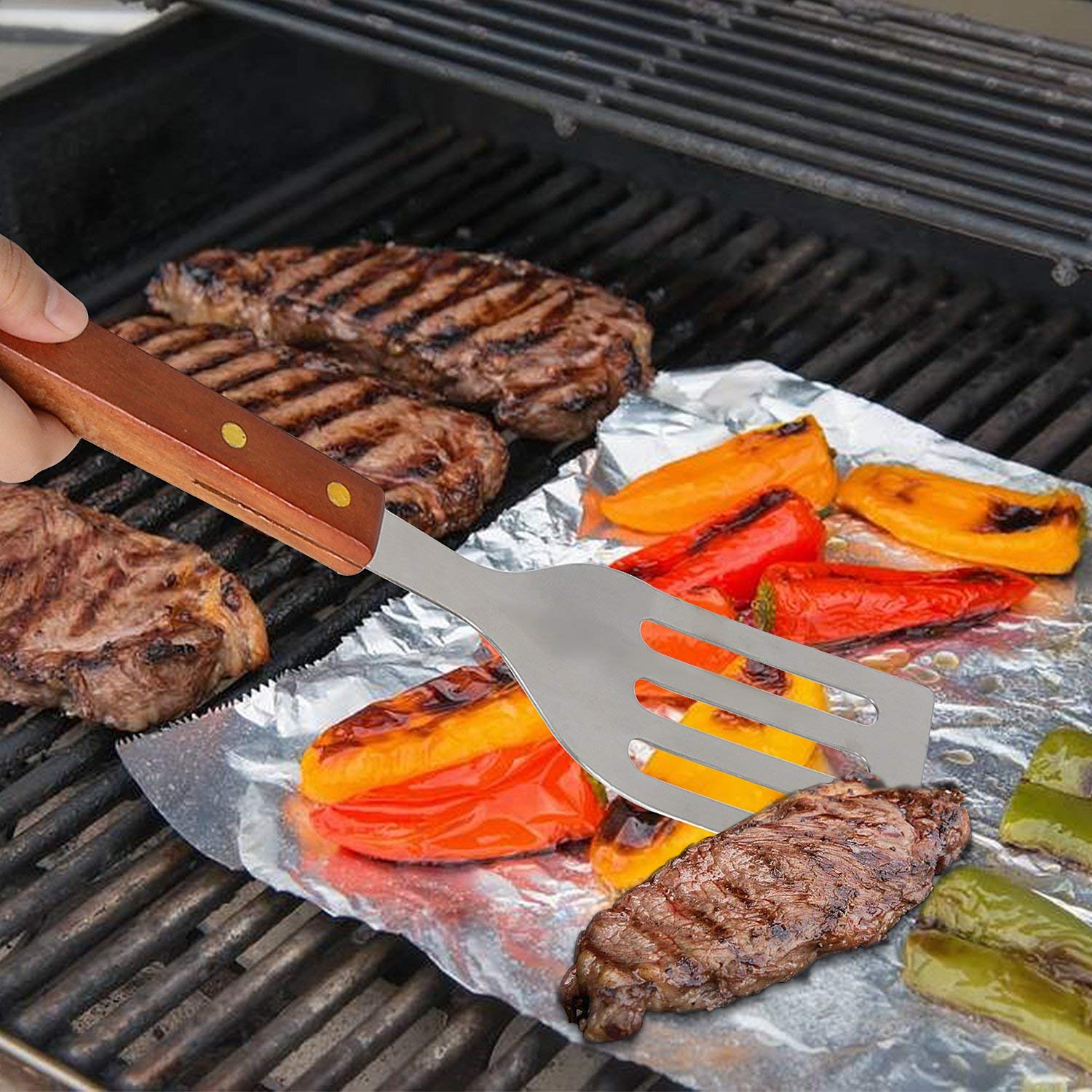 Set di Posate per Barbecue in Legno, 18 Pezzi, Set di Posate per Barbecue, Barbecue per Esterni, Barbecue, Set Barbecue, Facile da trasportare e Pulire, con Una Robusta Valigetta Nera