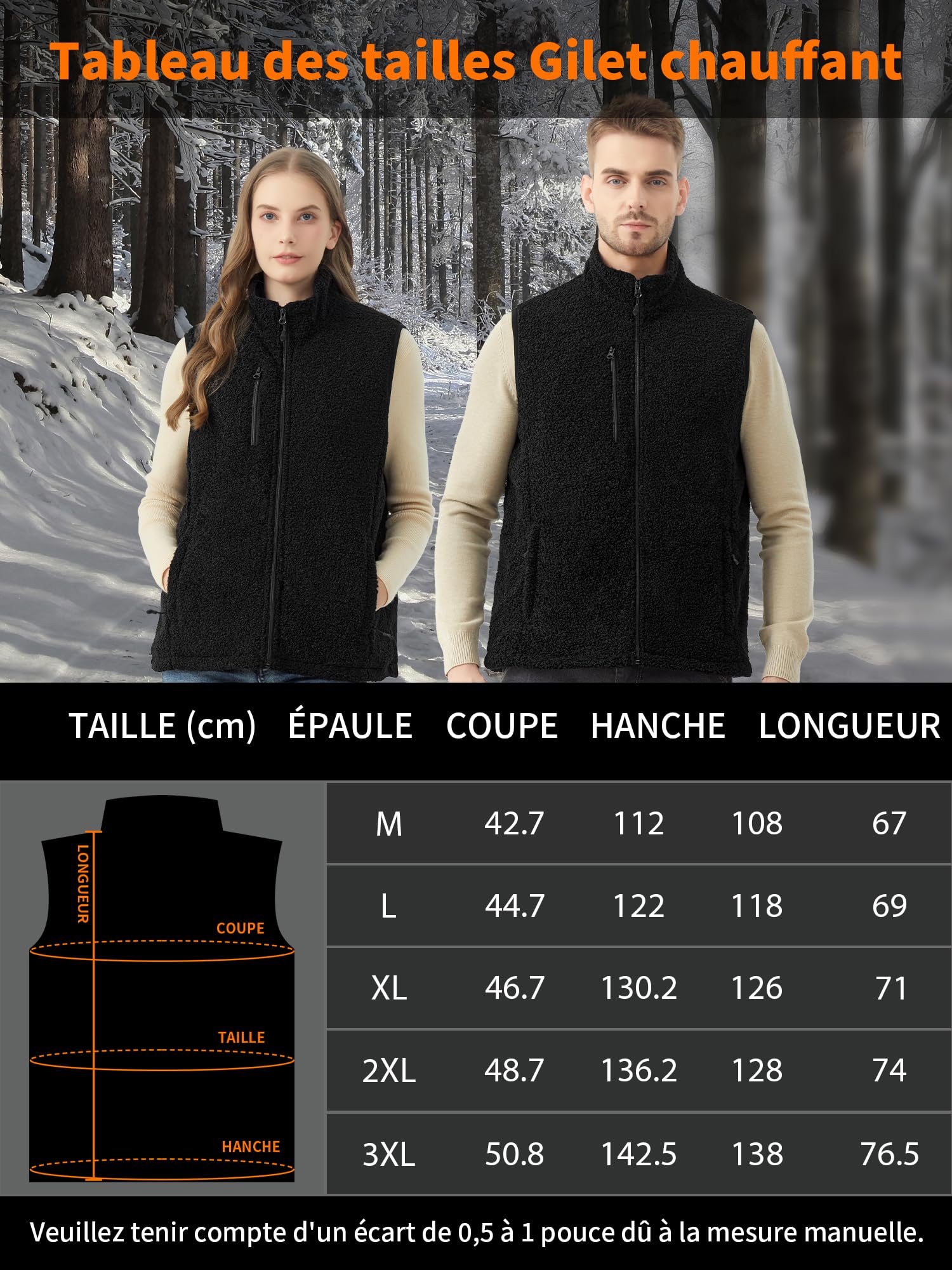 Gilet Electrique Chauffant Homme Femme avec Batterie 18400mAh Incluse, Veste Polaire Chauffante Homme Femme, 10 Zones de Chaleur, Parfaite pour Moto, Camping, Randonnée