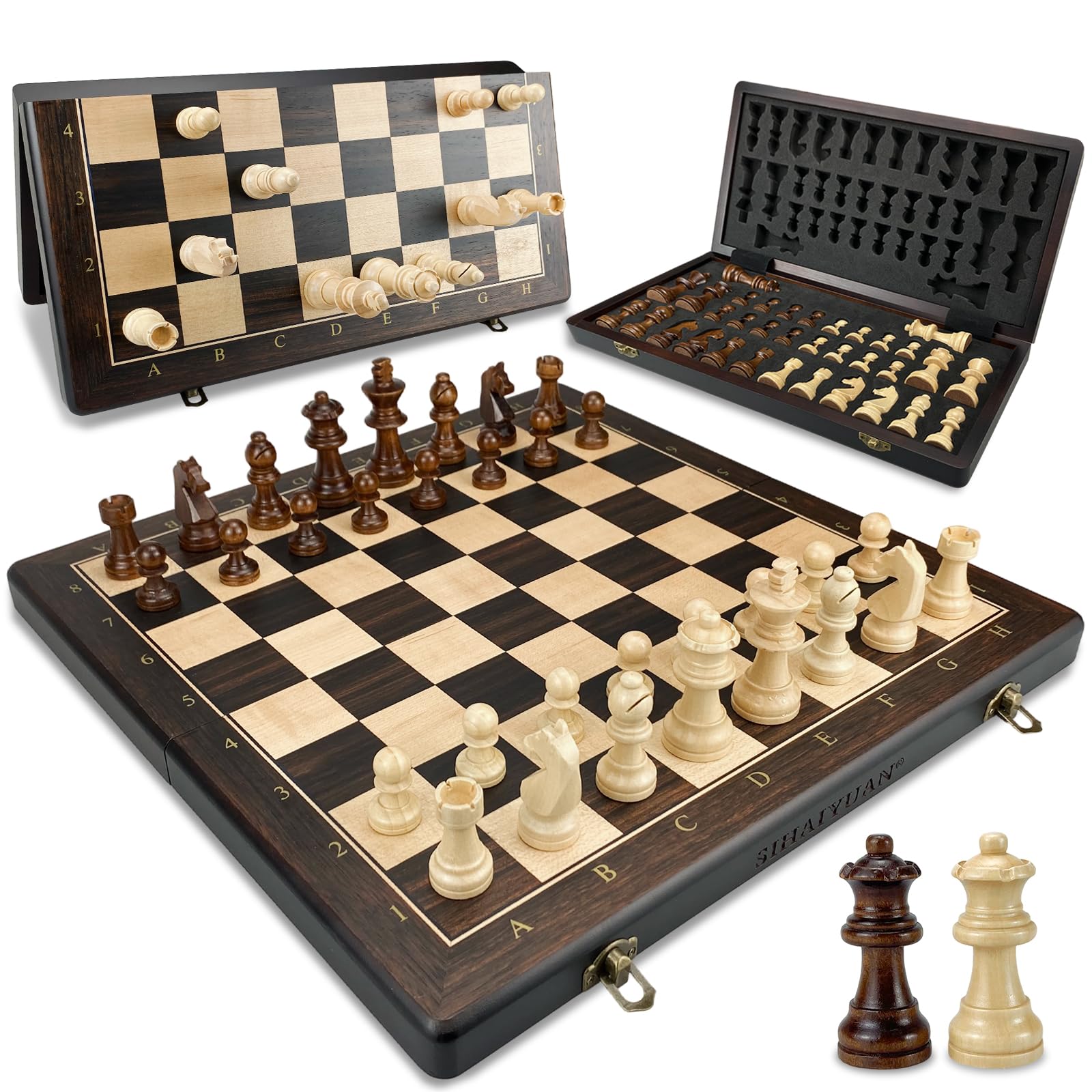 Schachspiel Holz Magnetisch – Faltbares Schachbrett 39 cm, Hochwertiges Wooden Chess Board mit 34 Staunton Figuren inkl. Extra Damen, Tragbares Schachspiel für Erwachsene & Kinder