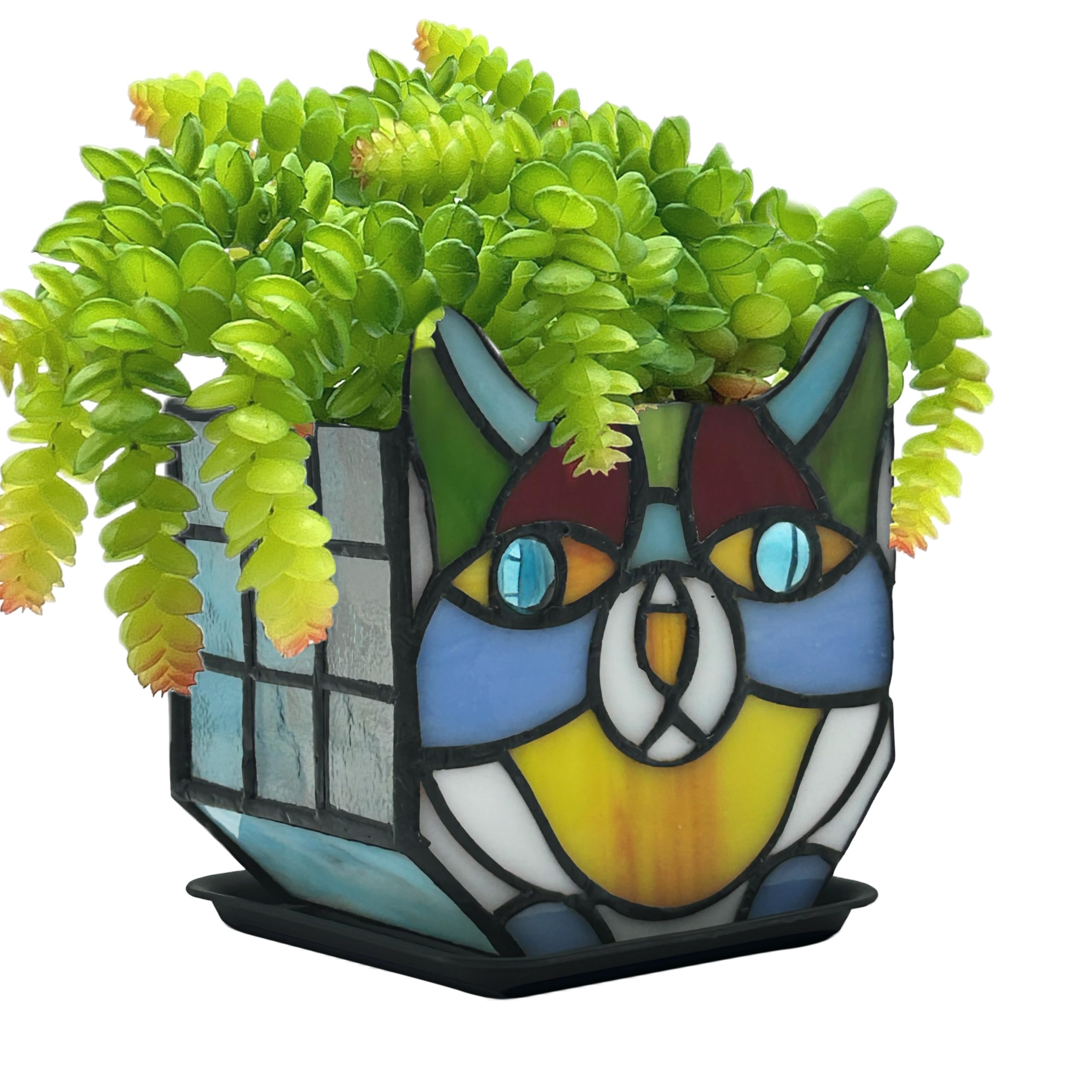 Entlityful Tiffany Stained Glass Cat Planter,Indoor and Outdoor Plant Displays,Succulent Cat Pot,Plant Gifts for Women,4.6x5.15x3 in (Without