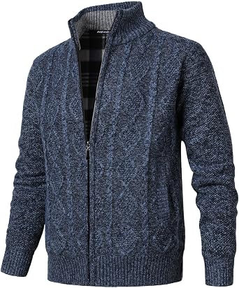 Cardigan Mens Long Sleeve Stand-up Collar Cardigan Fleece Jacket with Cable Knit Zipper Jacket Knitted Sweater